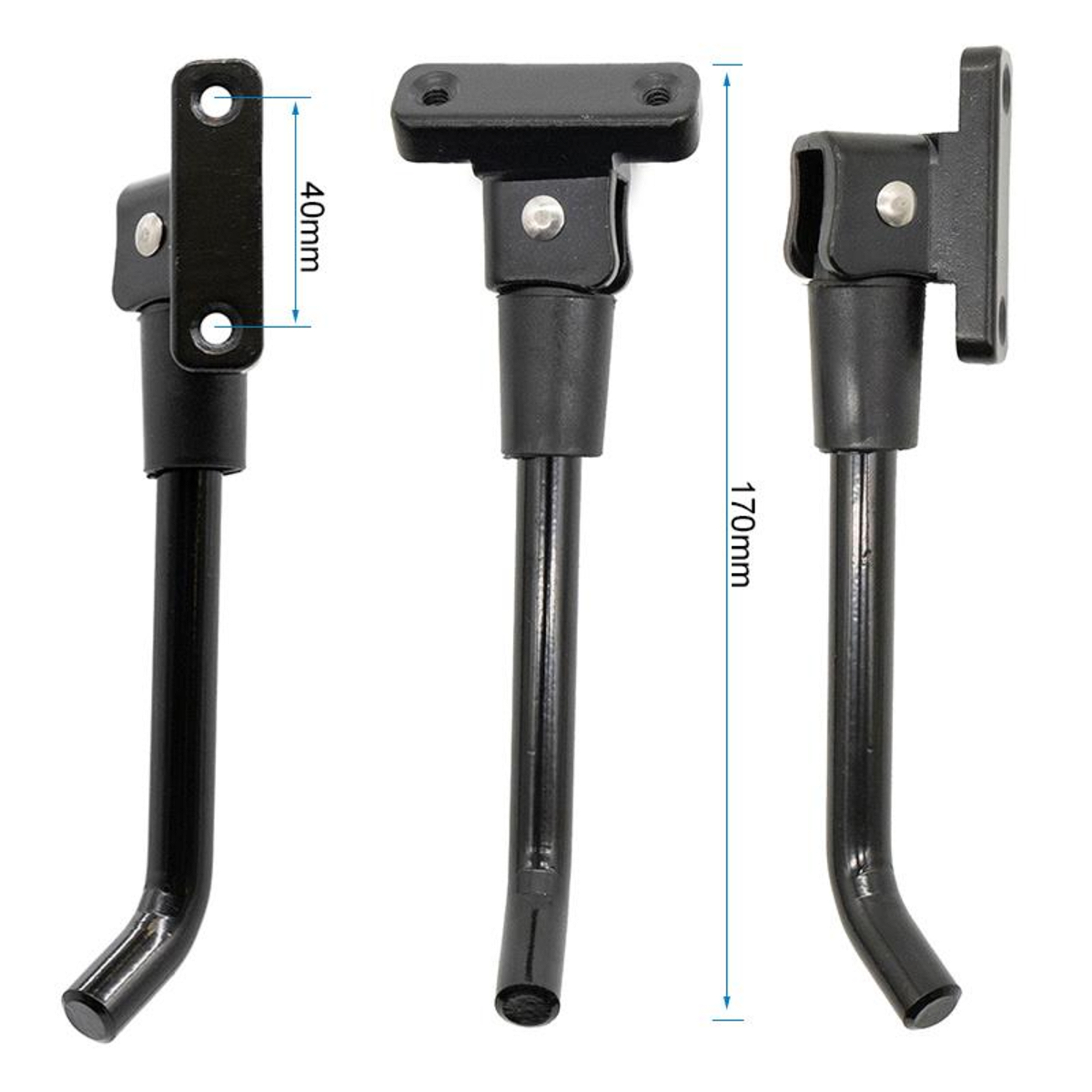 Tres caballetes de bicicleta de metal negro. Se indican las dimensiones. Cada soporte tiene una forma de cabeza diferente.