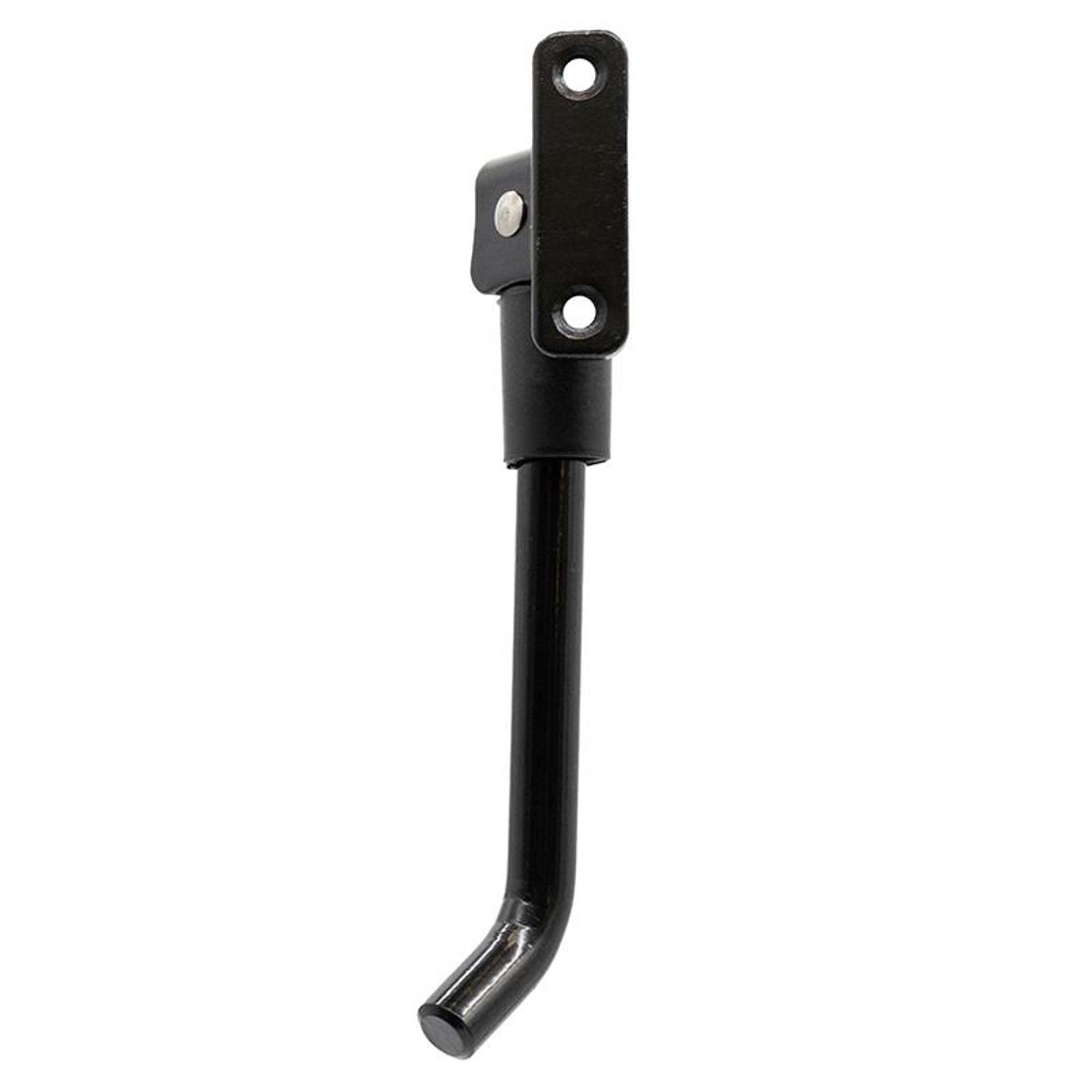 Un caballete negro para bicicleta sobre fondo blanco. Tiene una parte superior vertical con dos agujeros y una pata curva.