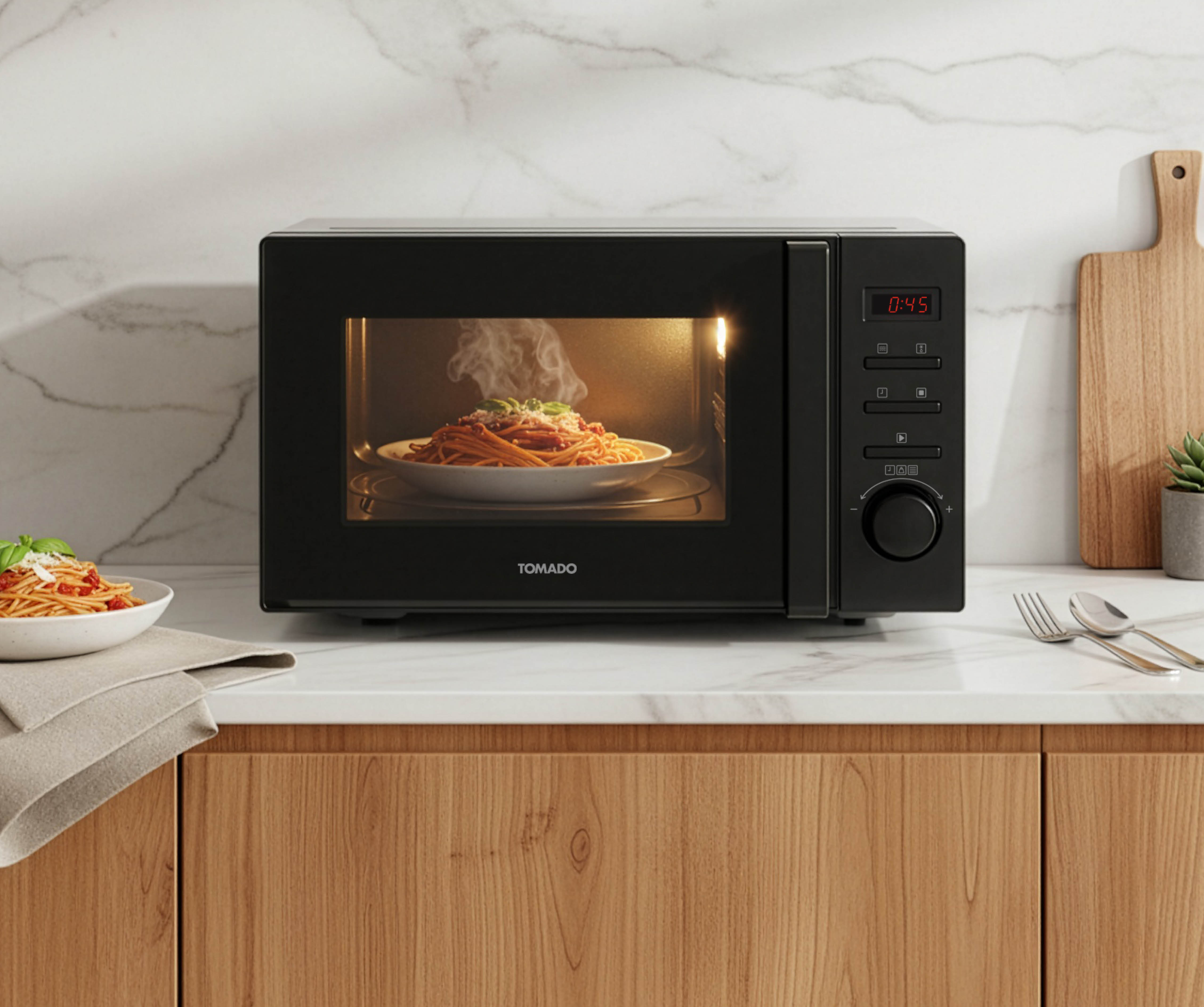 A black microwave with pasta inside. A bowl of pasta is on the left. Kitchen utensils are on the right.