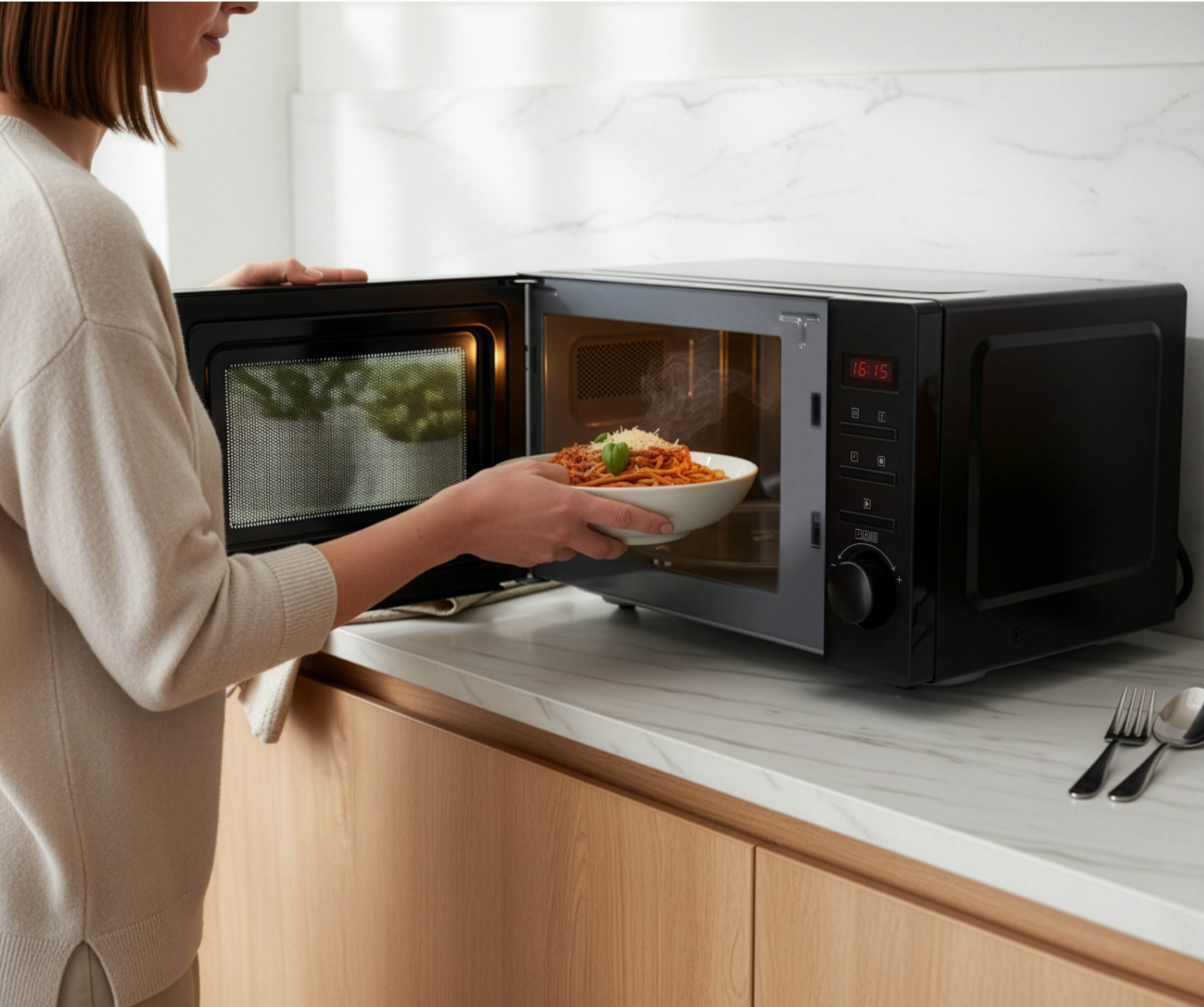 A person placing a pasta dish from a microwave. Black microwave on counter. Spaghetti with basil.
