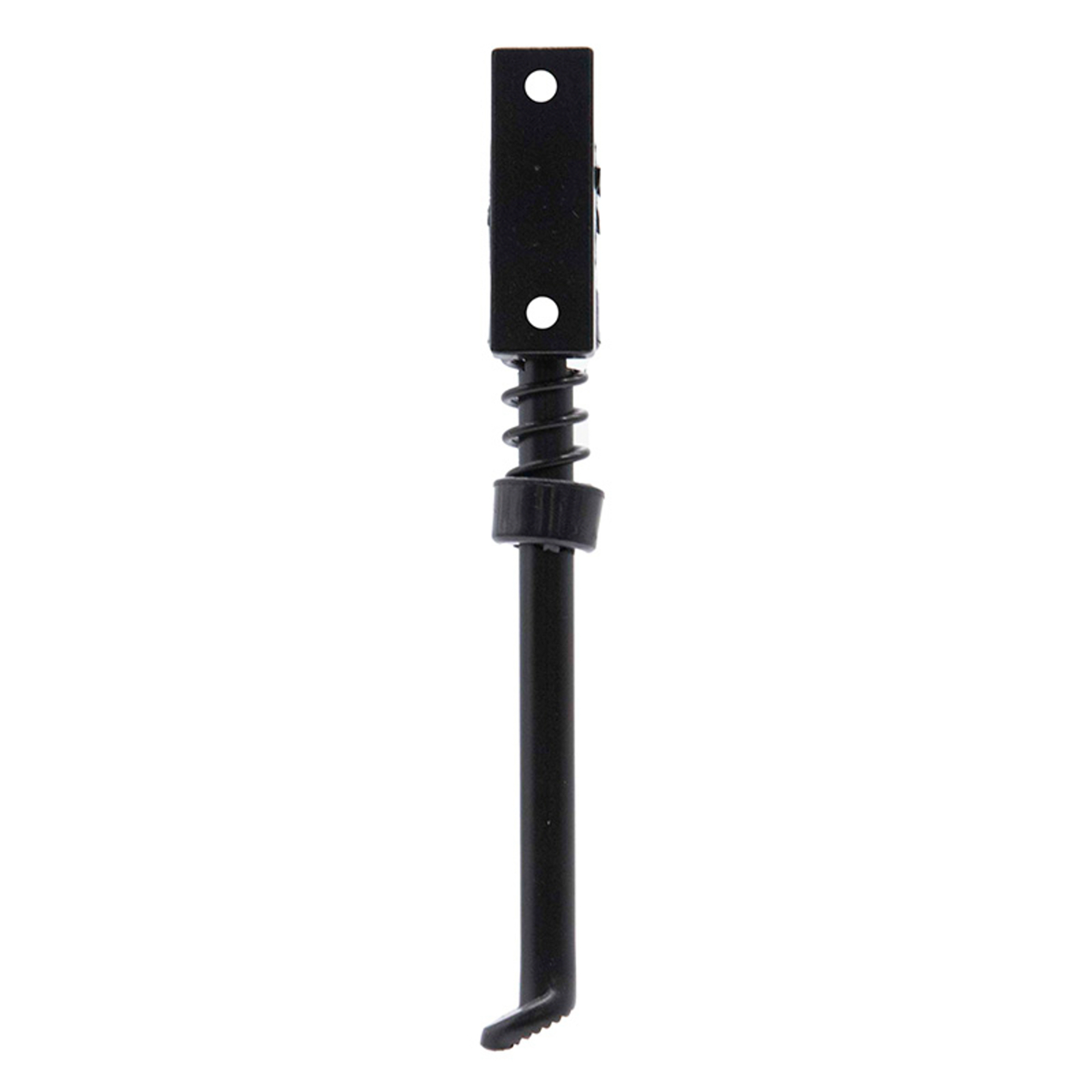 Soporte de metal negro con resorte y pie. Tiene dos agujeros en la parte superior. Aislado sobre fondo blanco.