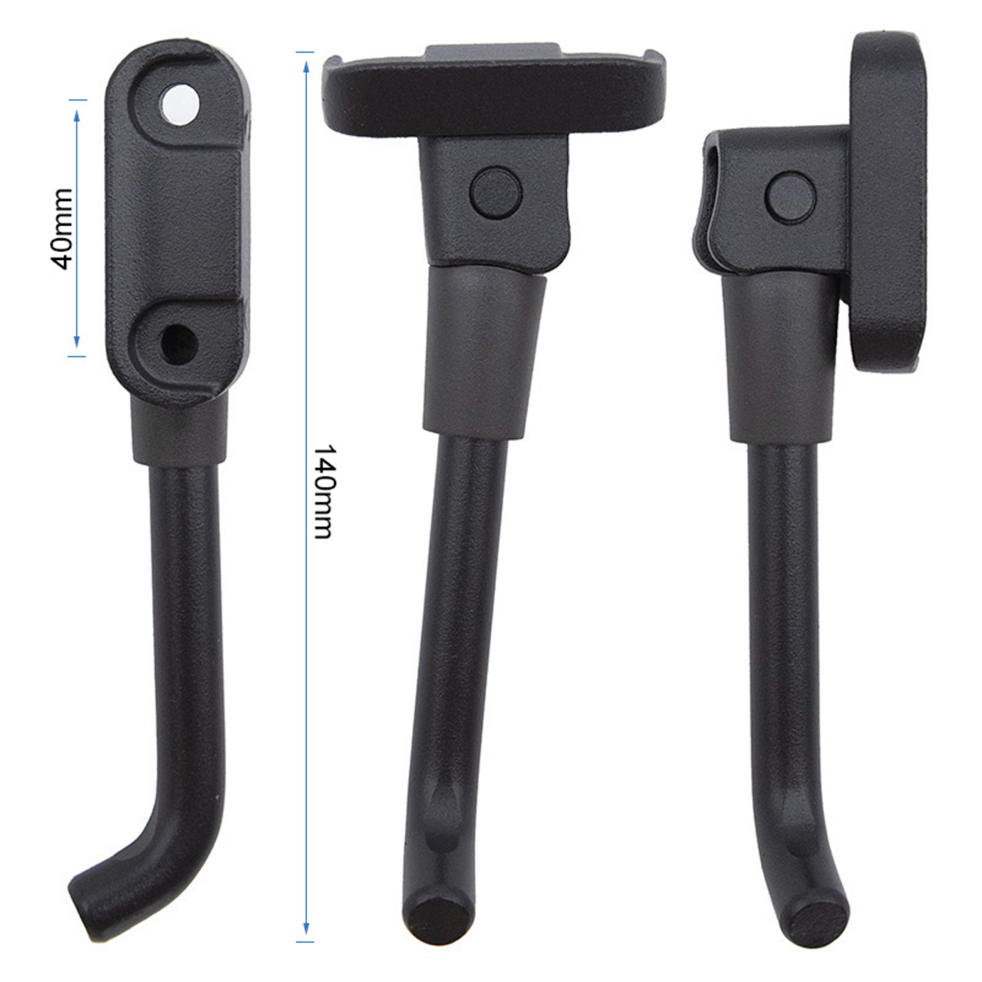 Tres soportes metálicos negros. Cada uno tiene una base y una pata curvada. Se indican las medidas: 40 mm y 140 mm.