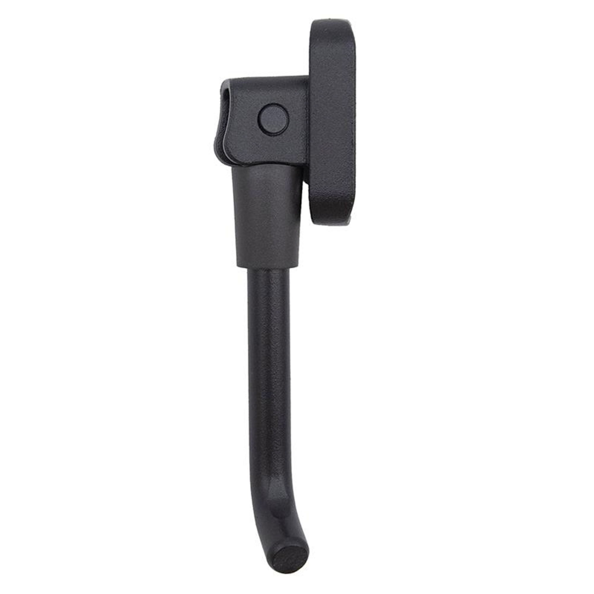 Un caballete negro para bicicleta. Tiene una pata curva y un soporte de montaje con un agujero circular.