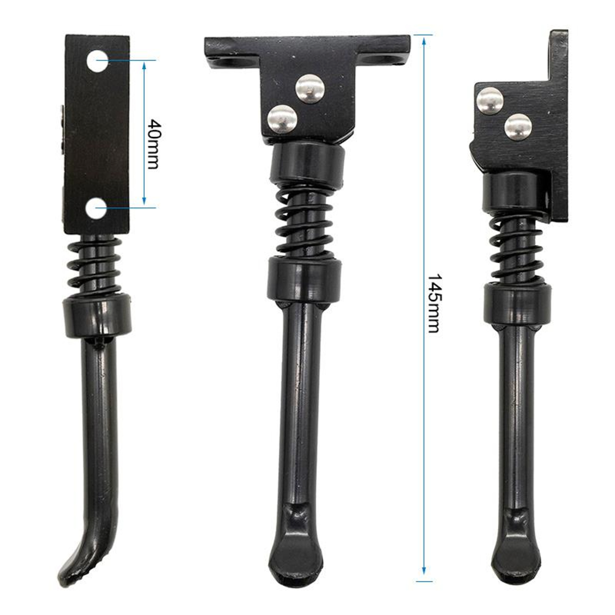 Tres caballetes negros para bicicletas, con dimensiones. Cada uno tiene un resorte y un pie.