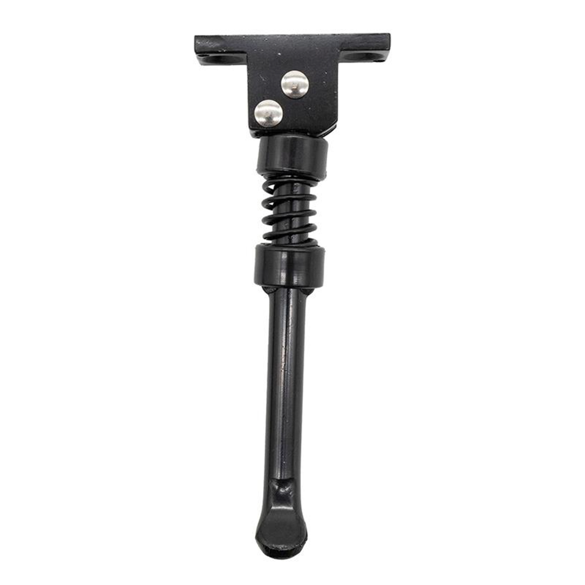 Un soporte negro para bicicleta, con un resorte, tornillos y una base. Está sobre un fondo blanco.