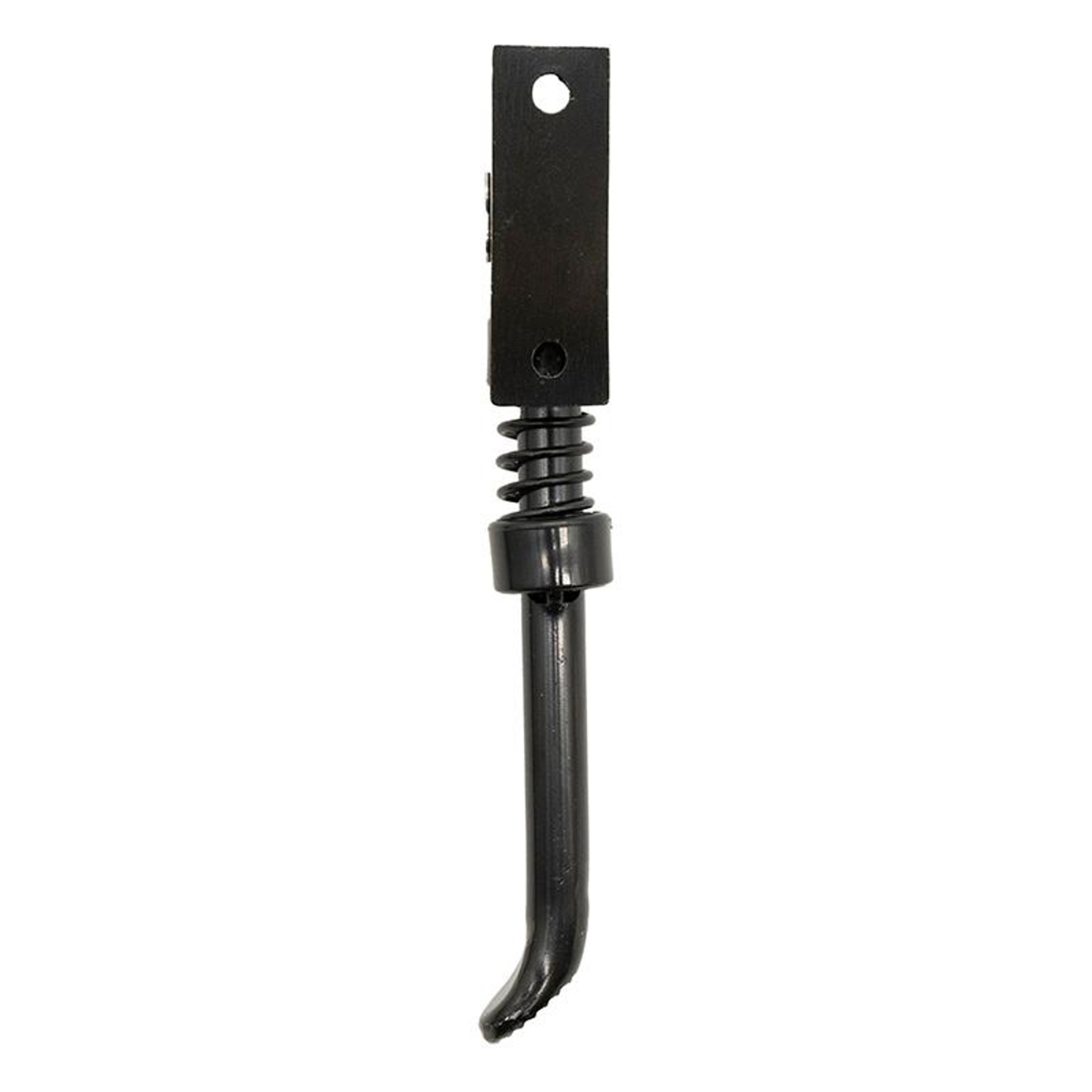 Una herramienta de metal negro con resorte, sección inferior curvada y parte superior rectangular con agujero.