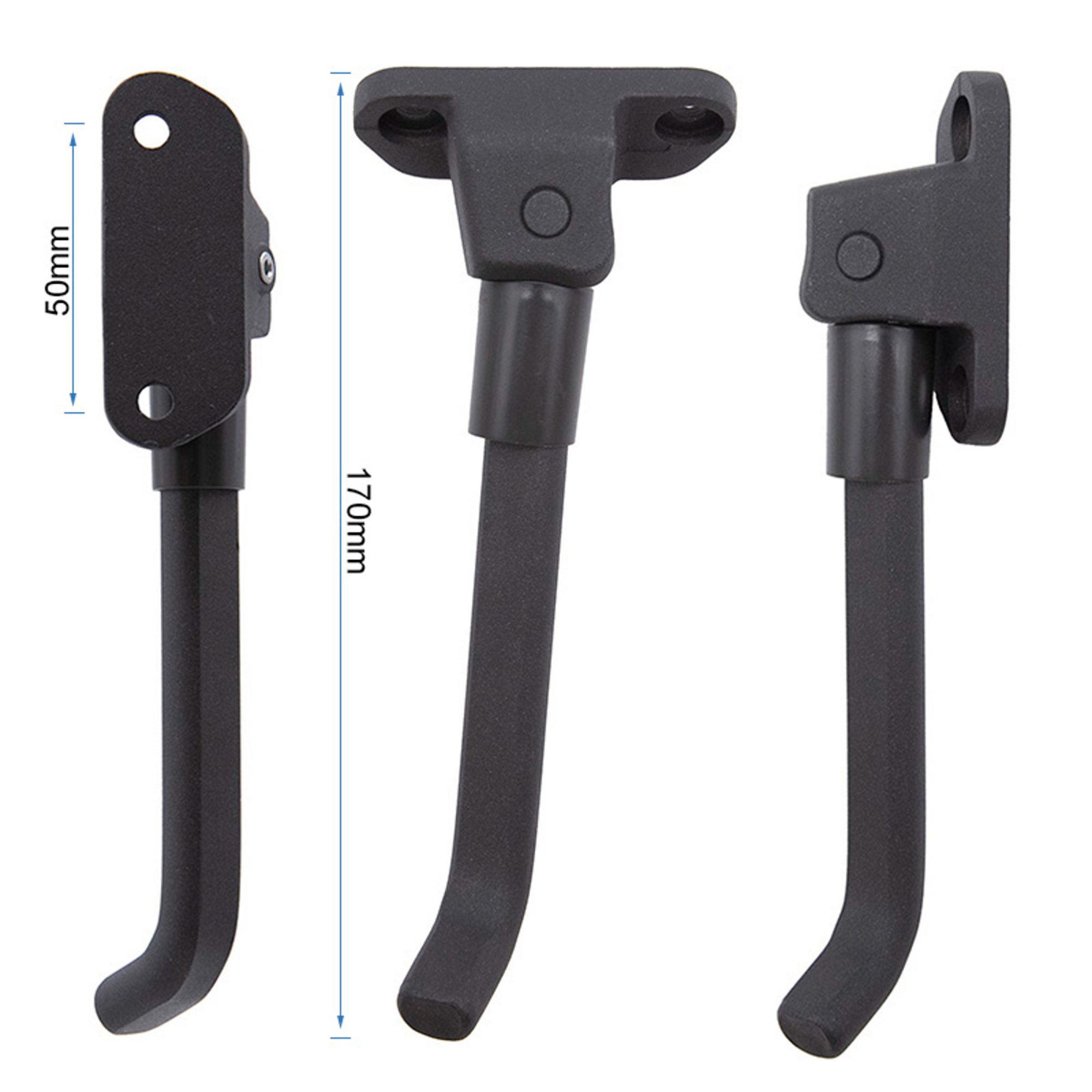 Tres caballetes negros para bicicletas, varios diseños y dimensiones presentados sobre fondo blanco.