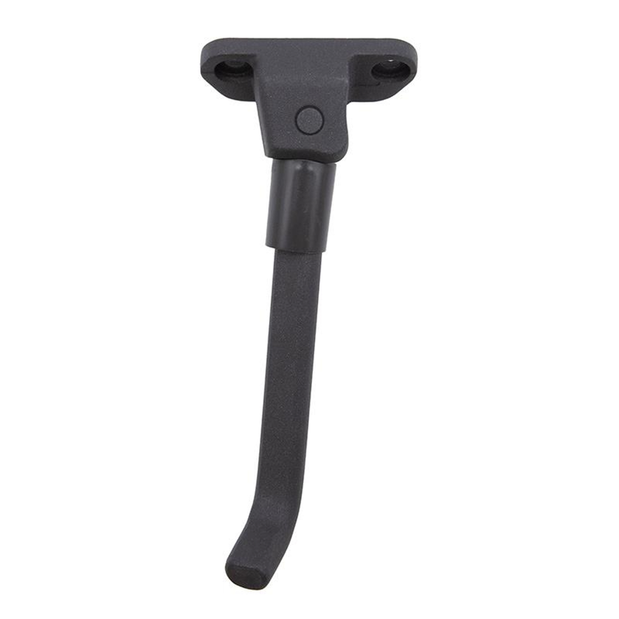 Un soporte de metal negro para bicicleta. Tiene un pie curvado y una placa de montaje con dos agujeros.