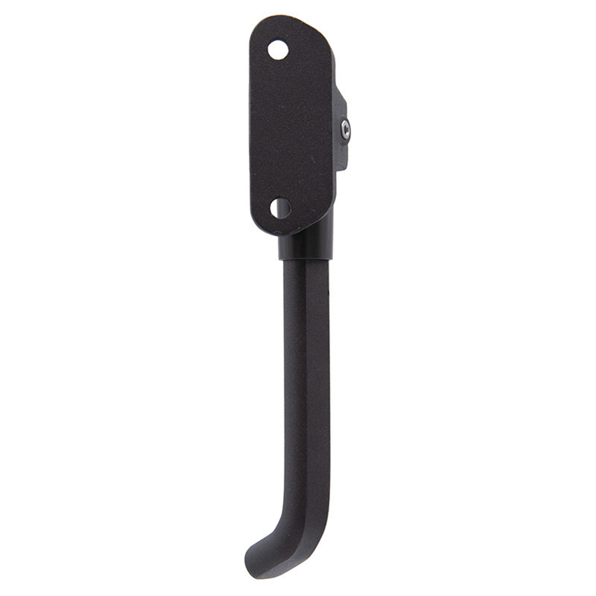 Un soporte metálico negro. Tiene una parte superior plana con dos agujeros, un centro recto y una parte inferior curvada.