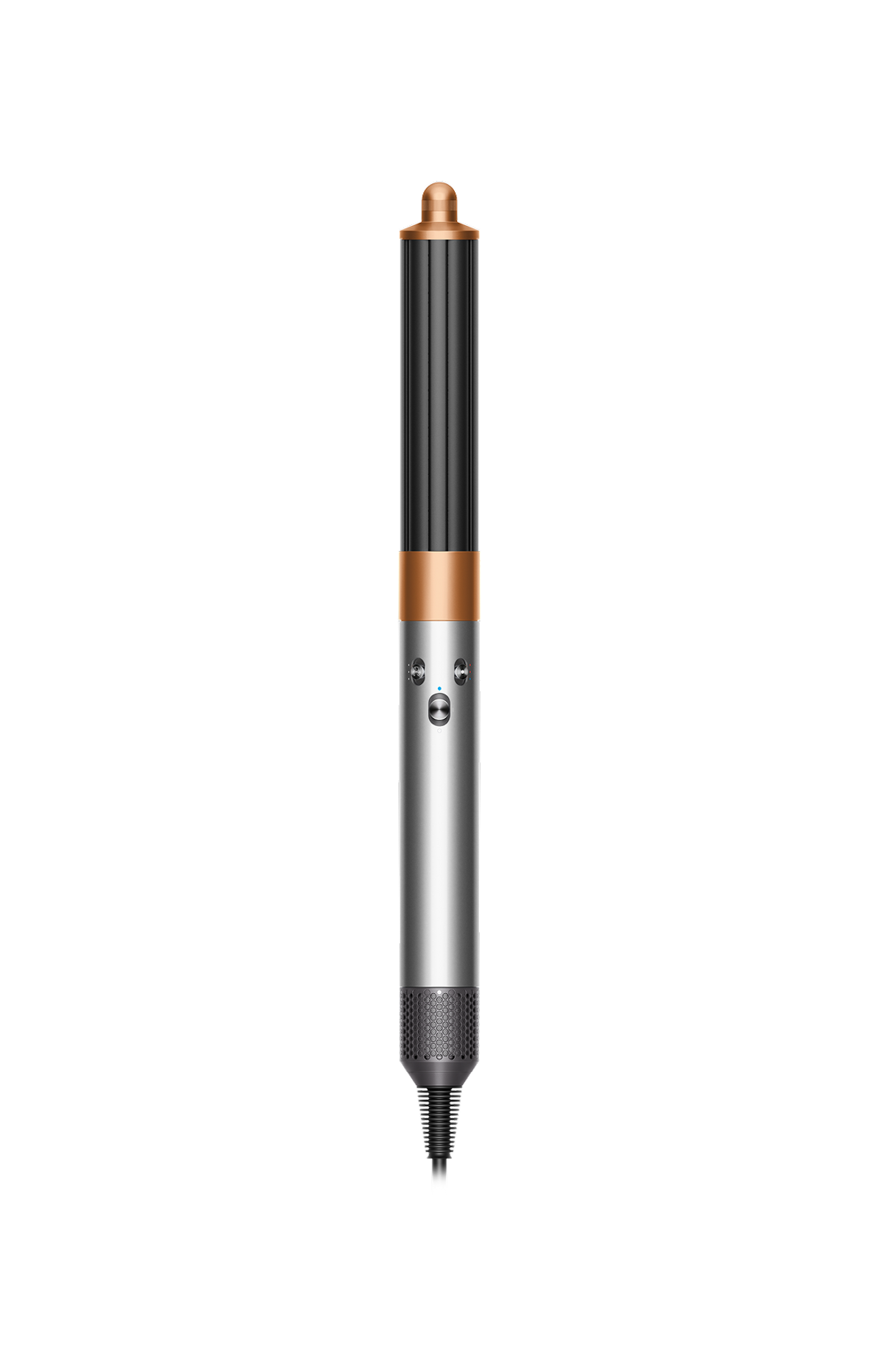 Uno styler per capelli Dyson su sfondo nero. Lo styler è argentato, nero e color rame. Ha pulsanti e un ugello in basso.