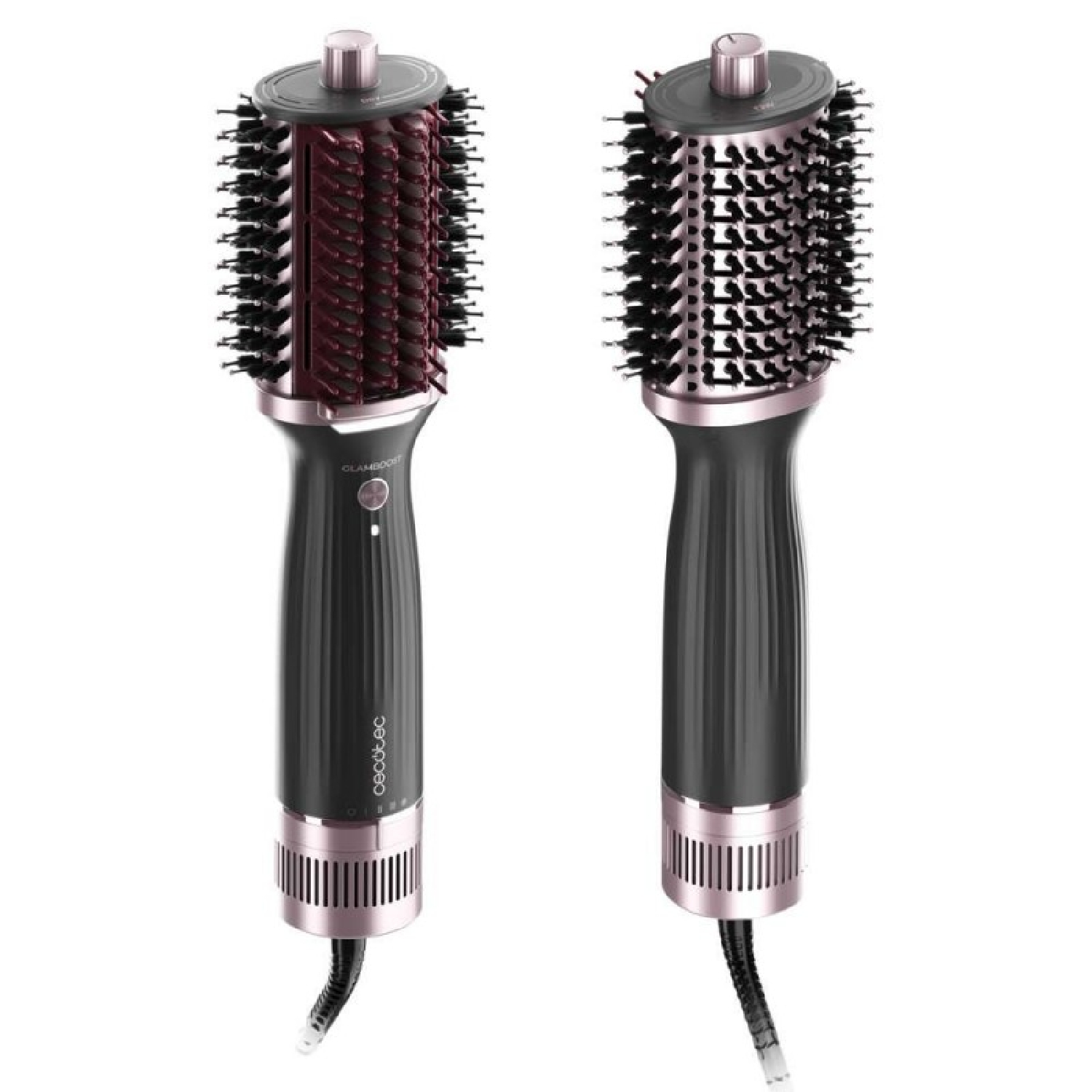 Due styler per capelli neri e rosa. Uno mostra setole rosse, l'altro setole nere. Entrambi hanno un pulsante di accensione.