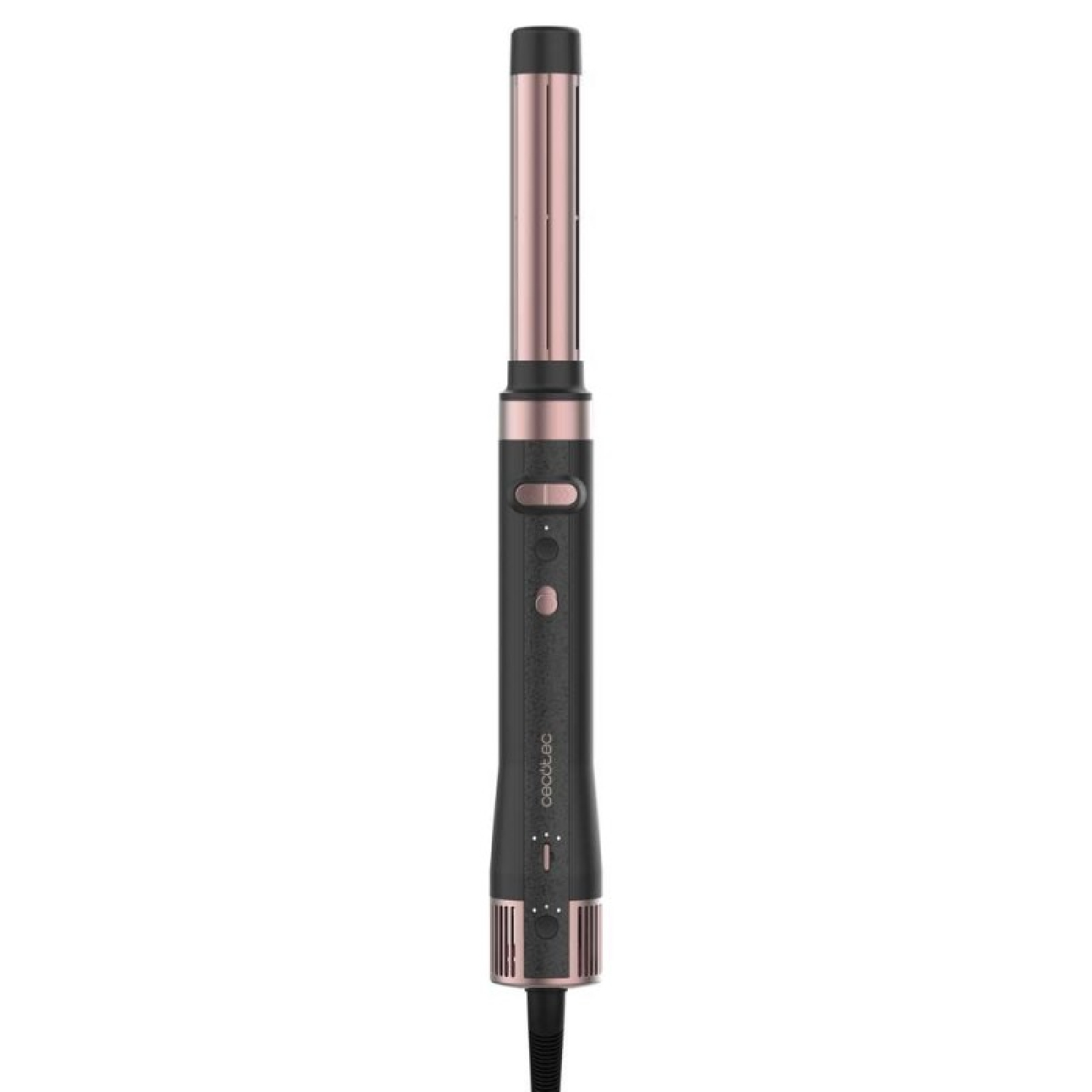 Una plancha rizadora con mango negro y barril oro rosa. La marca cecotec está impresa en el mango. Un cable negro está adjunto.