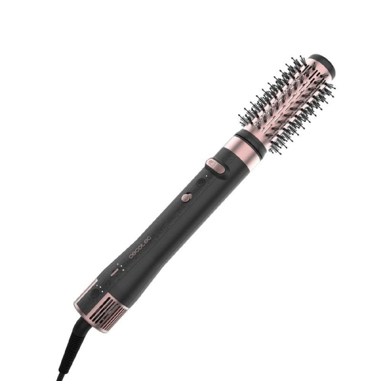 Un cepillo de peinado negro y oro rosa. Tiene un cabezal giratorio, botones y un cable de alimentación. La marca es Cecotec.