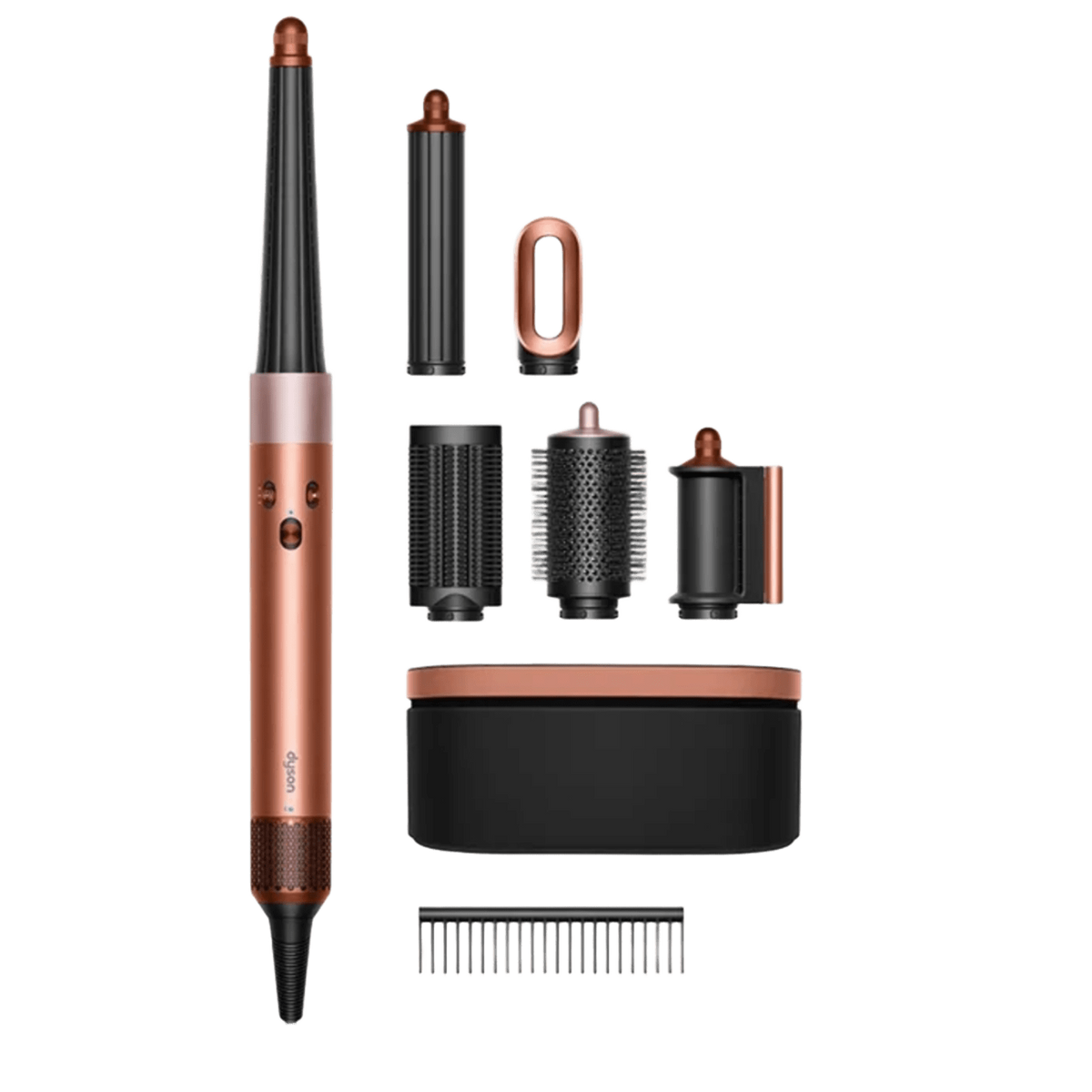 Suszarka do włosów Dyson z wieloma nasadkami, w tym lufami, szczotką i etui, wszystko w kolorze miedzi i czerni.