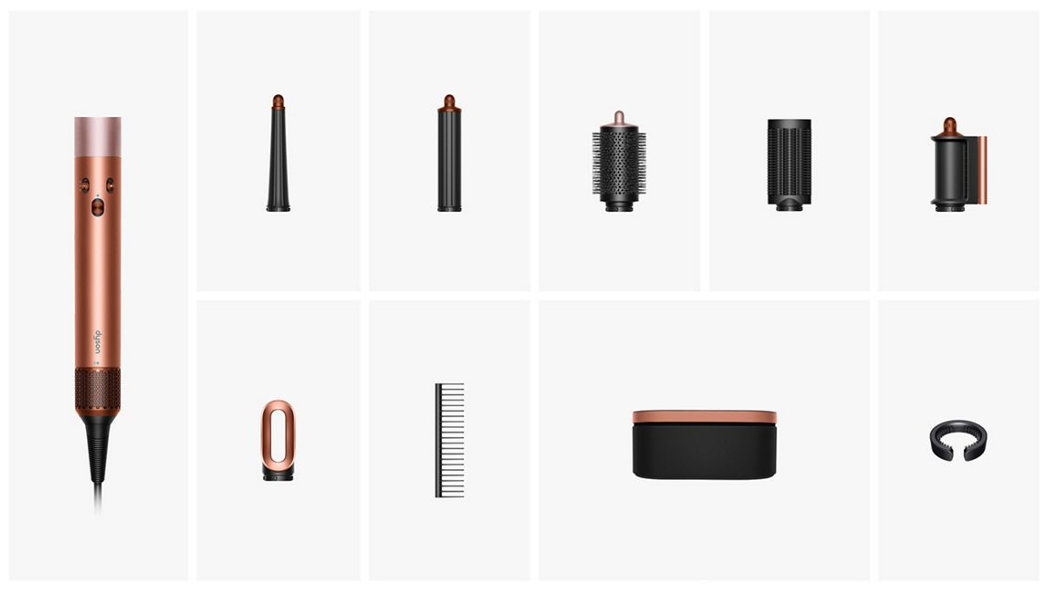 Prostownica do włosów Dyson z różnymi nasadkami. Zawiera prostownicę, dysze, grzebień, etui i klips do stylizacji.