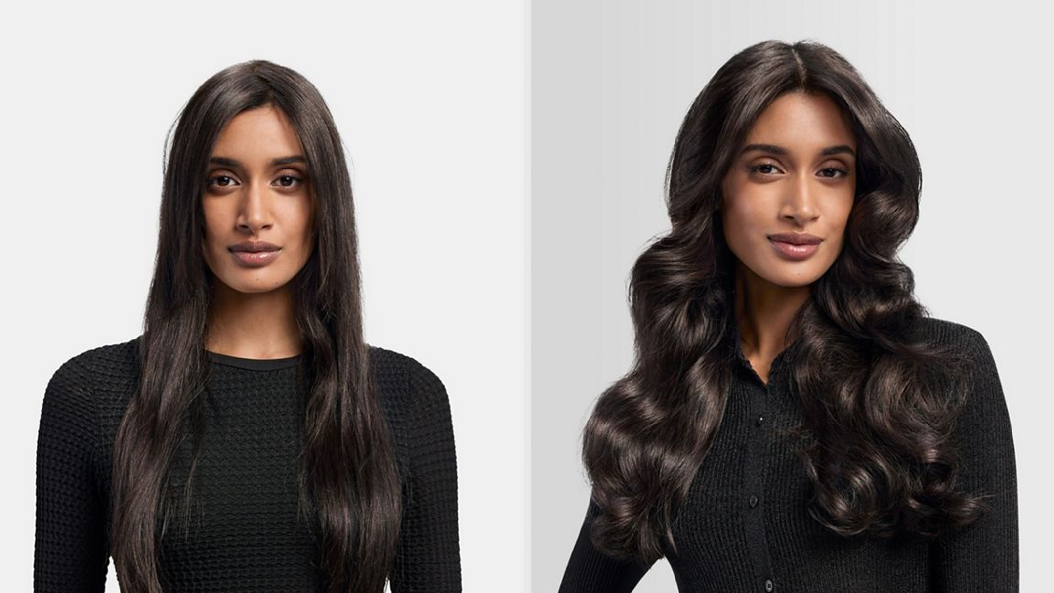 Zdjęcie przedstawia kobietę z prostymi i falowanymi włosami. Ma na sobie czarne topy na białym tle.