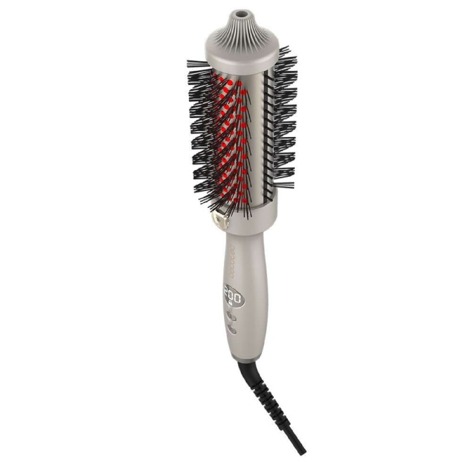 Una spazzola per capelli argentata con setole nere e puntini rossi. Ha un manico con comandi e un cavo nero. Isolato su bianco.