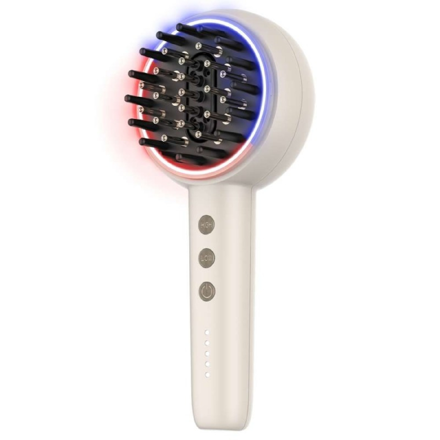 Uno strumento bianco per lo styling dei capelli con testa rotonda e manico. Ha pulsanti e spie luminose. La testa ha luci rosse e blu.