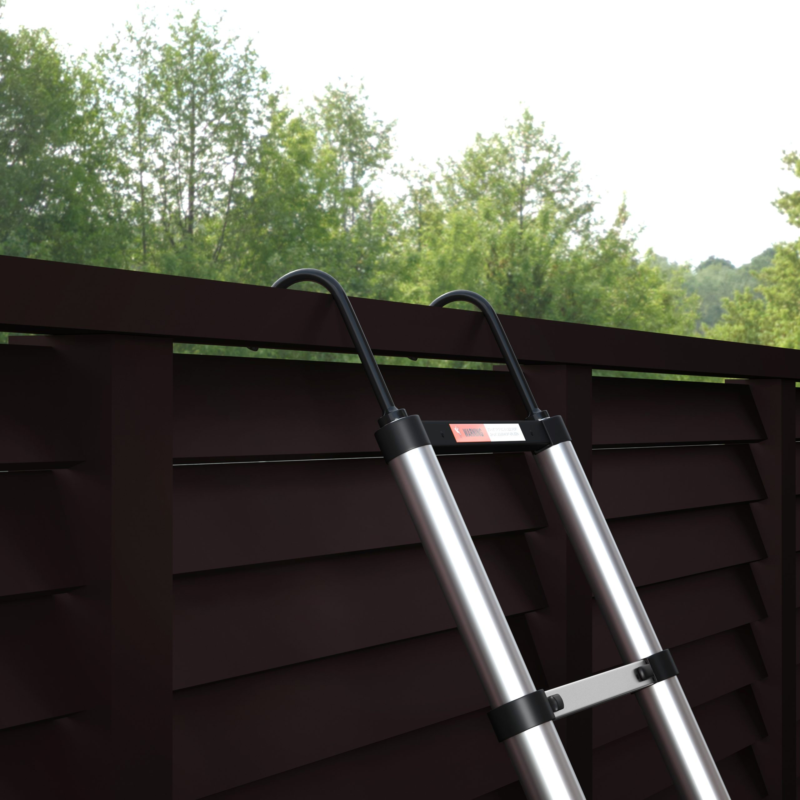 A metal ladder leans against a brown fence. Green trees are in the background. The sky is visible above the trees.
