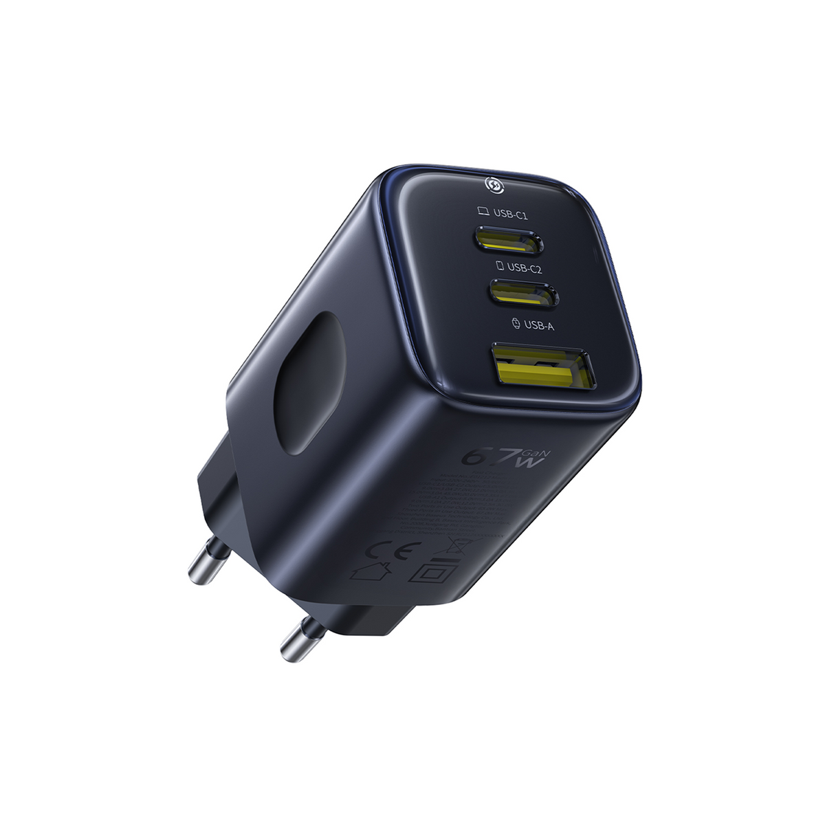 Een donkerblauwe oplader met drie USB-poorten en twee pinnen. Het heeft labels voor elke poort en de stroomafvoer.