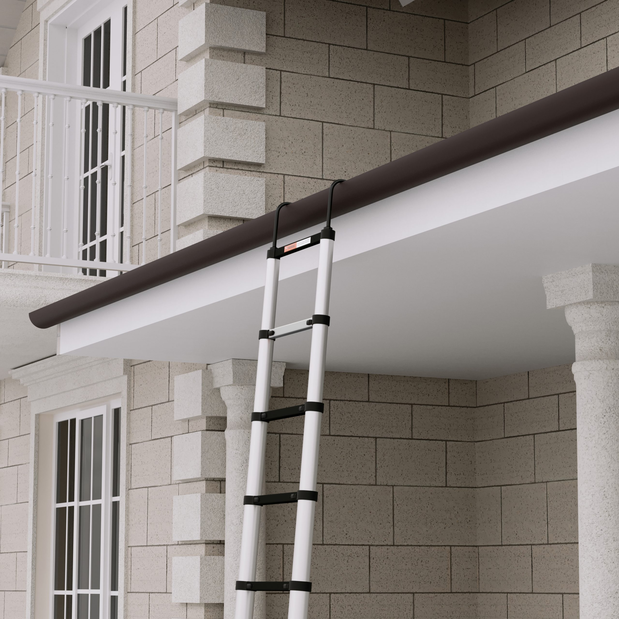 A retractable ladder leans against a building's wall, with windows and a balcony.