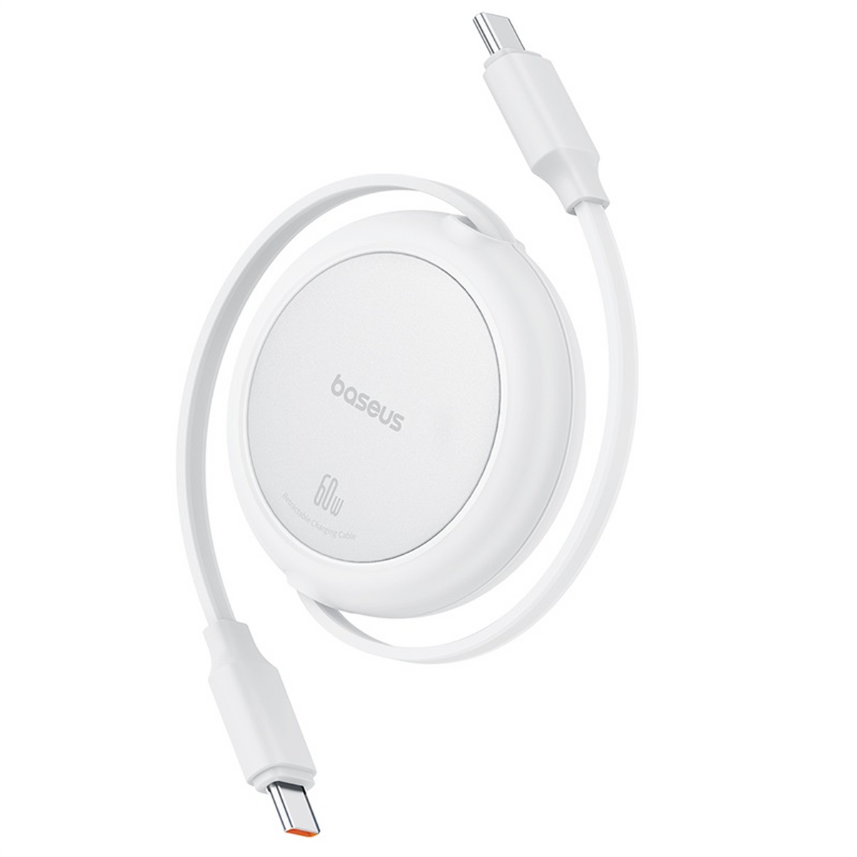 Ein weißes Baseus 60W einziehbares Ladekabel. Das Kabel ist kreisförmig und mit zwei USB-C-Anschlüssen verbunden.