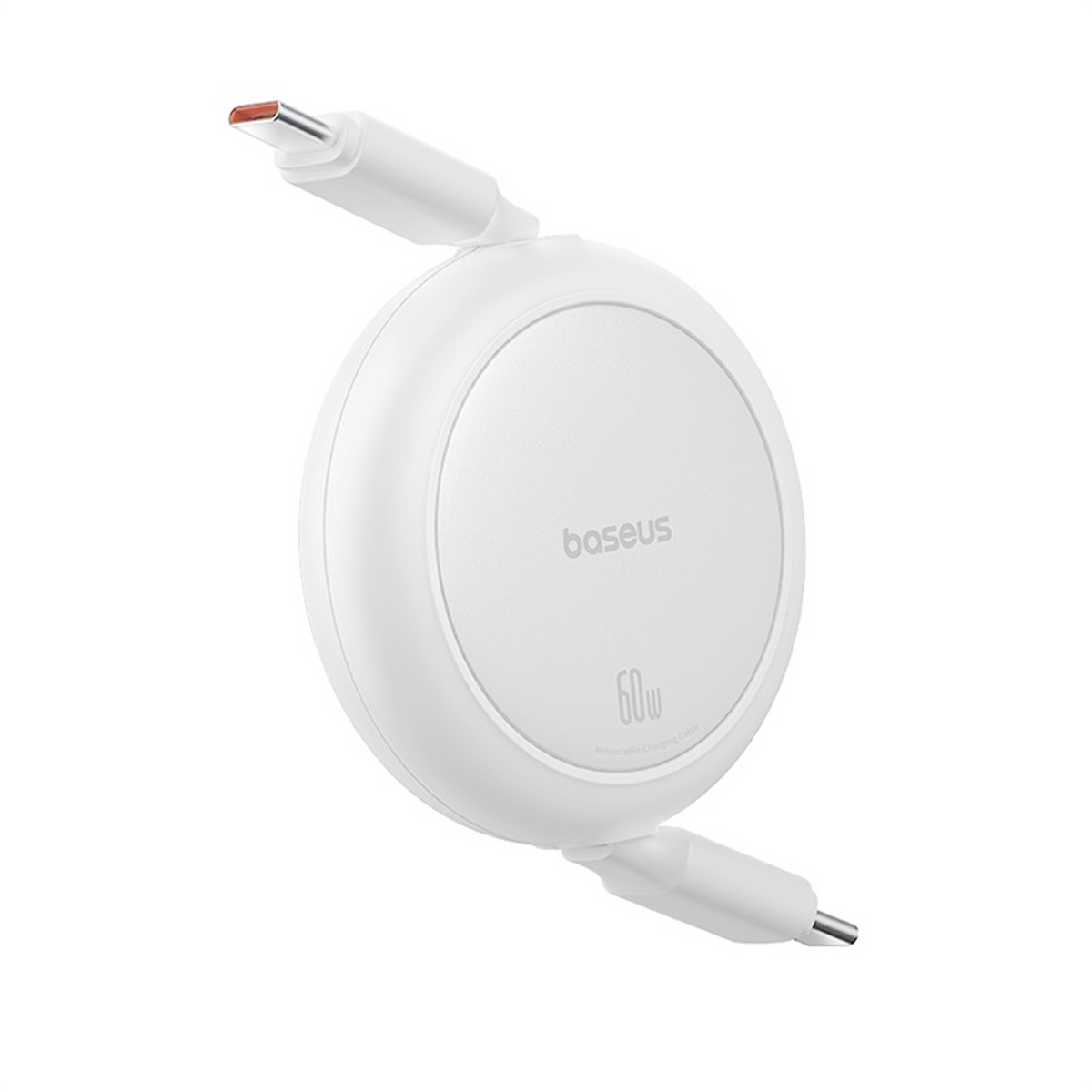 Weißes Baseus einziehbares Ladekabel. Es hat zwei Enden und ein kreisförmiges Gehäuse. 60W ist auf dem Gehäuse aufgedruckt.