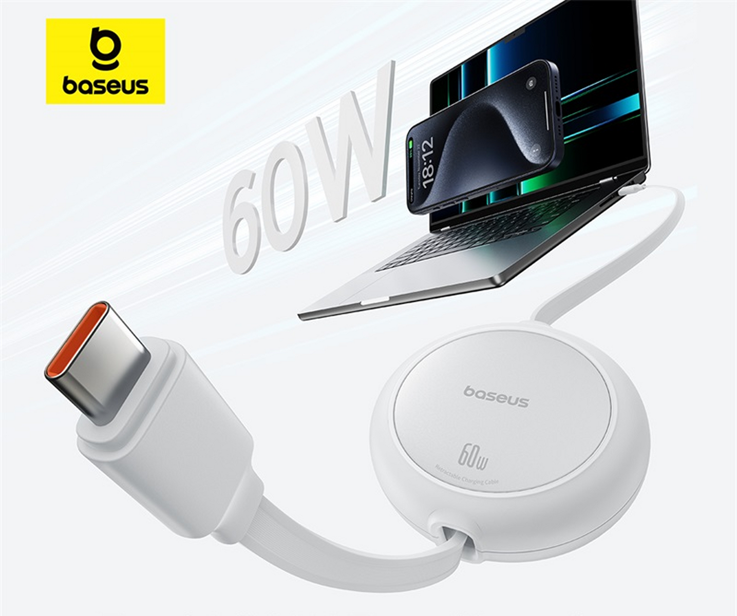 Baseus-Ladekabel mit Telefon und Laptop. Weißes Kabel, orangefarbener USB-C-Anschluss. Telefon zeigt die Uhrzeit. 60W-Etikett.