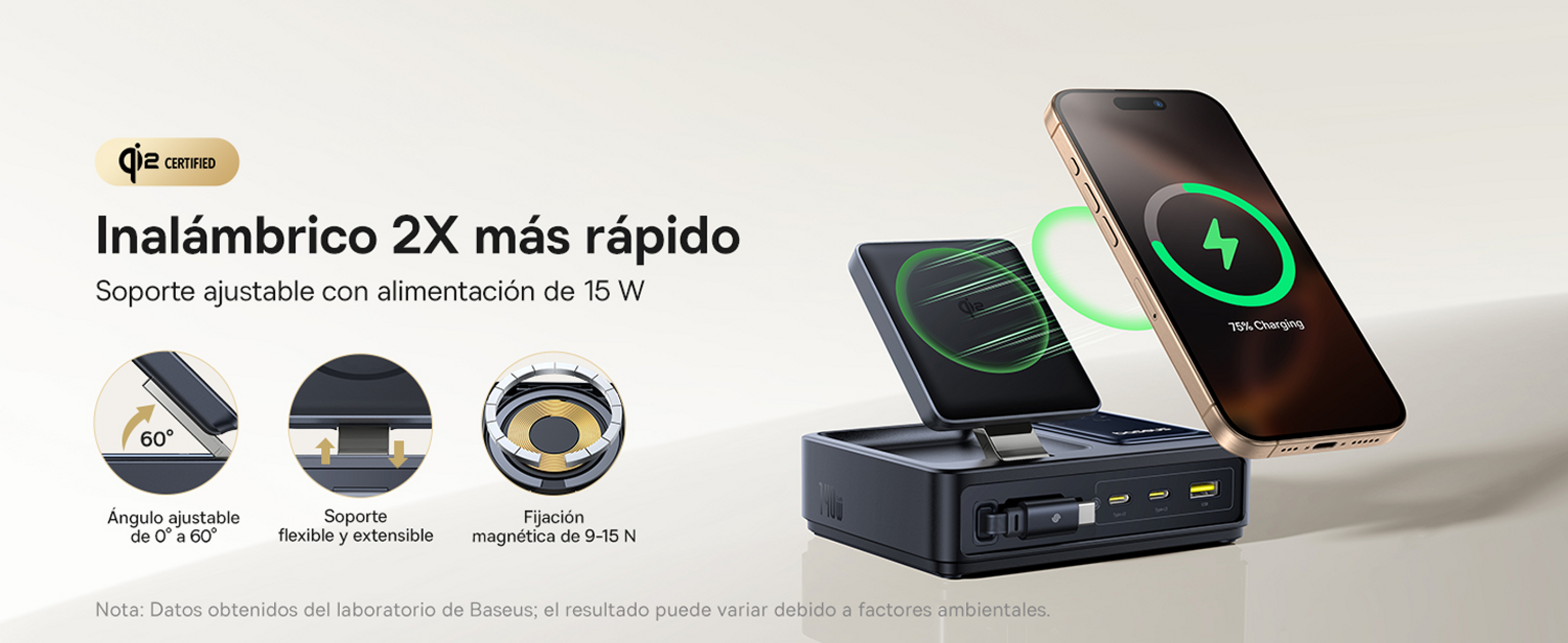 Un teléfono cargando de forma inalámbrica en una estación de carga negra. El teléfono muestra un 75% de carga. Se muestran detalles del ajuste del ángulo.