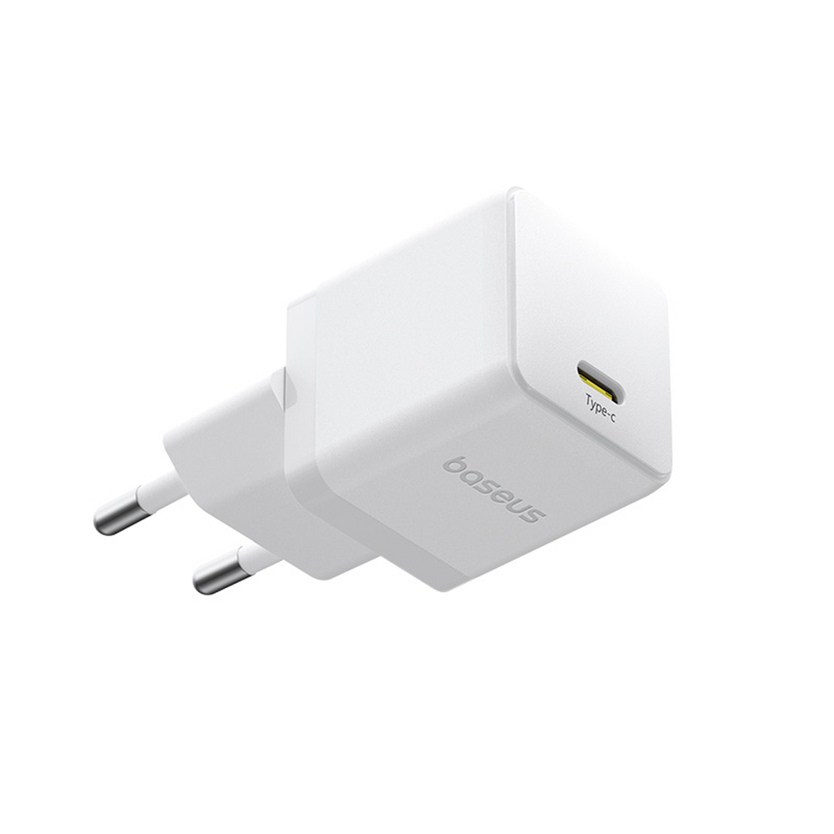 Un chargeur Baseus Type-c blanc avec deux broches métalliques pour la prise. Le chargeur porte la marque 'Type-c'.
