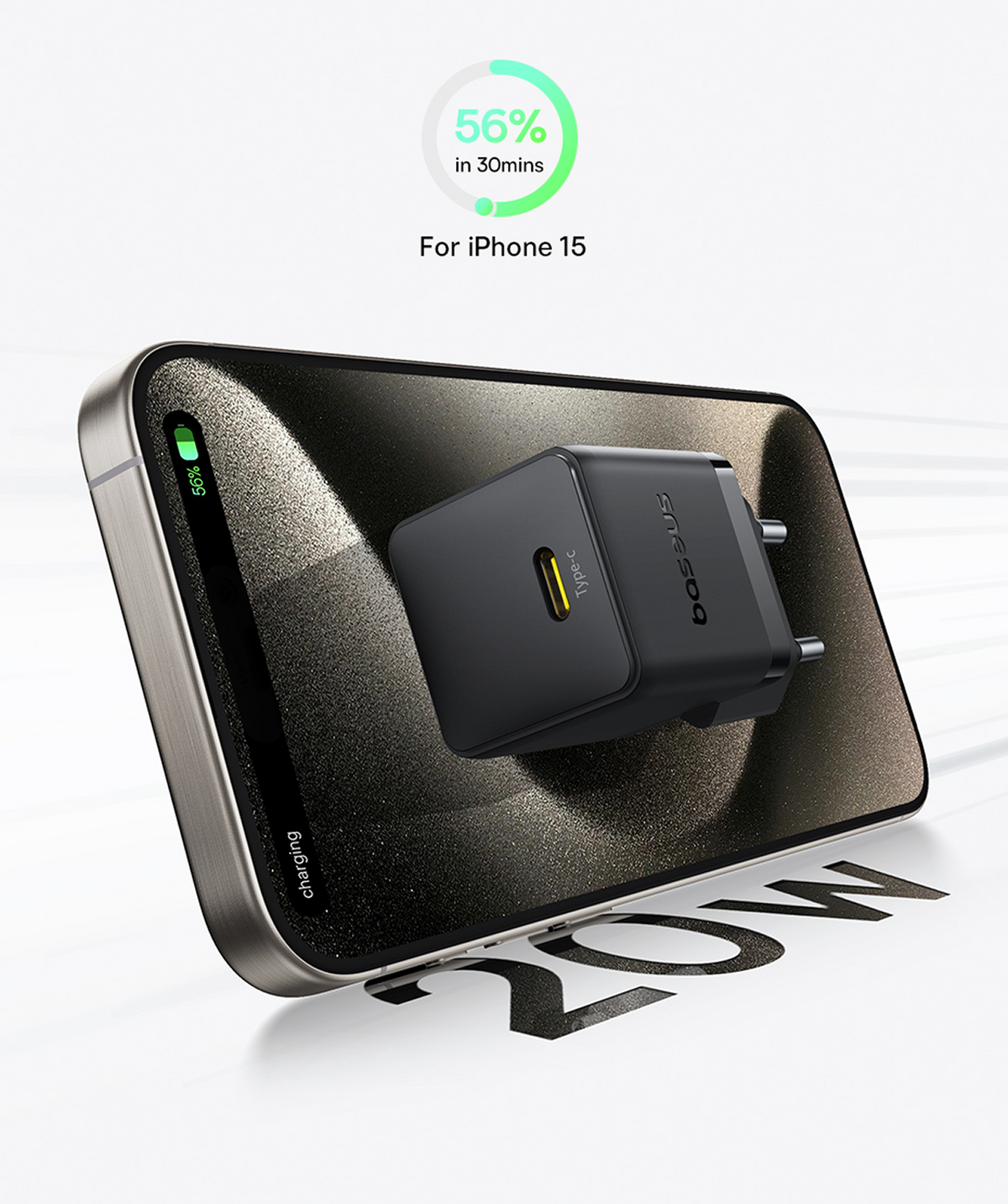 Un telefono si carica con un caricatore nero. Mostra il 56% di carica in 30 minuti. È per iPhone 15. Il caricatore ha una porta Type-C gialla.
