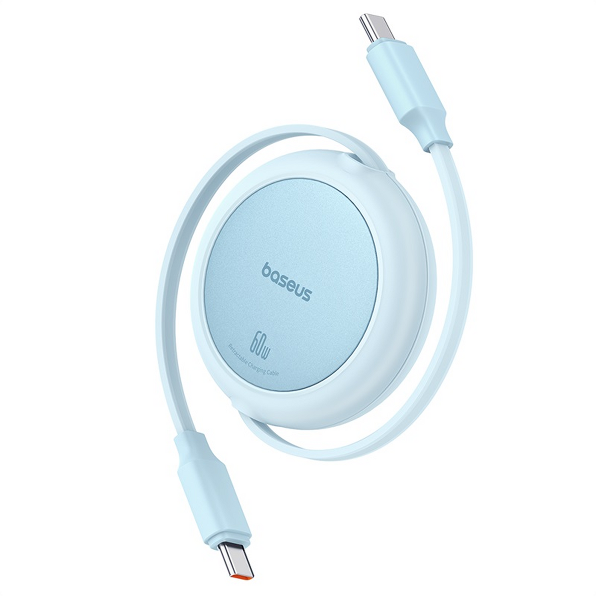 Ein hellblaues Baseus 60W einziehbares Ladekabel. Das Kabel ist kreisförmig und hat zwei USB-C-Anschlüsse. Der Hintergrund ist weiß.