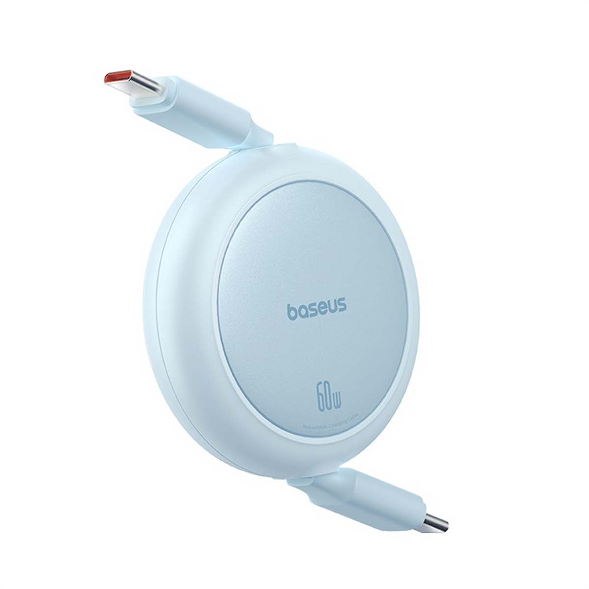 Ein hellblaues Baseus 60W einziehbares Ladekabel. Es hat einen kreisförmigen Körper mit einem USB-C-Anschluss an jedem Ende.