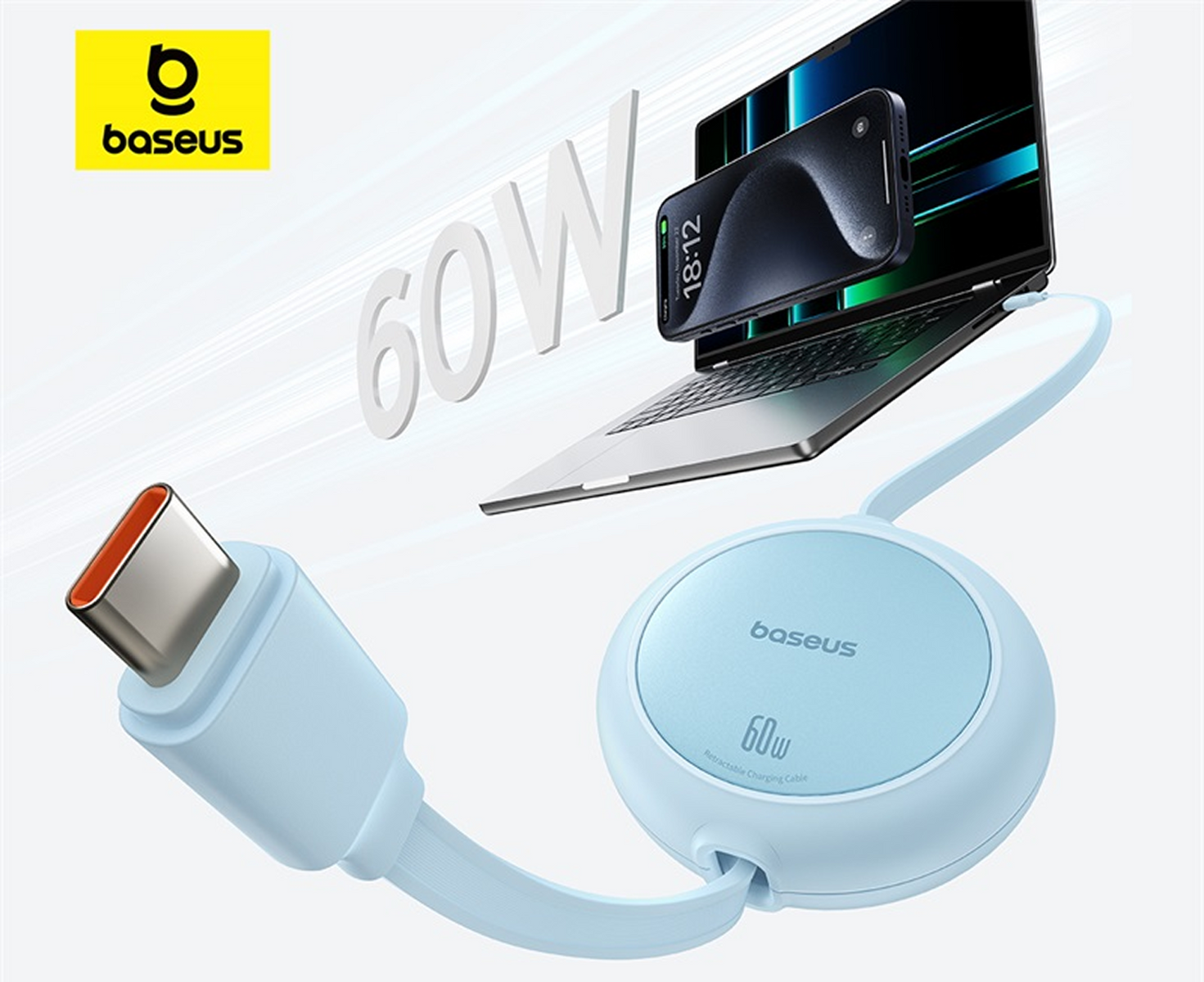 Ein Baseus 60W Ladekabel mit Telefon und Laptop. Das Kabel ist hellblau. Der Hintergrund ist weiß.