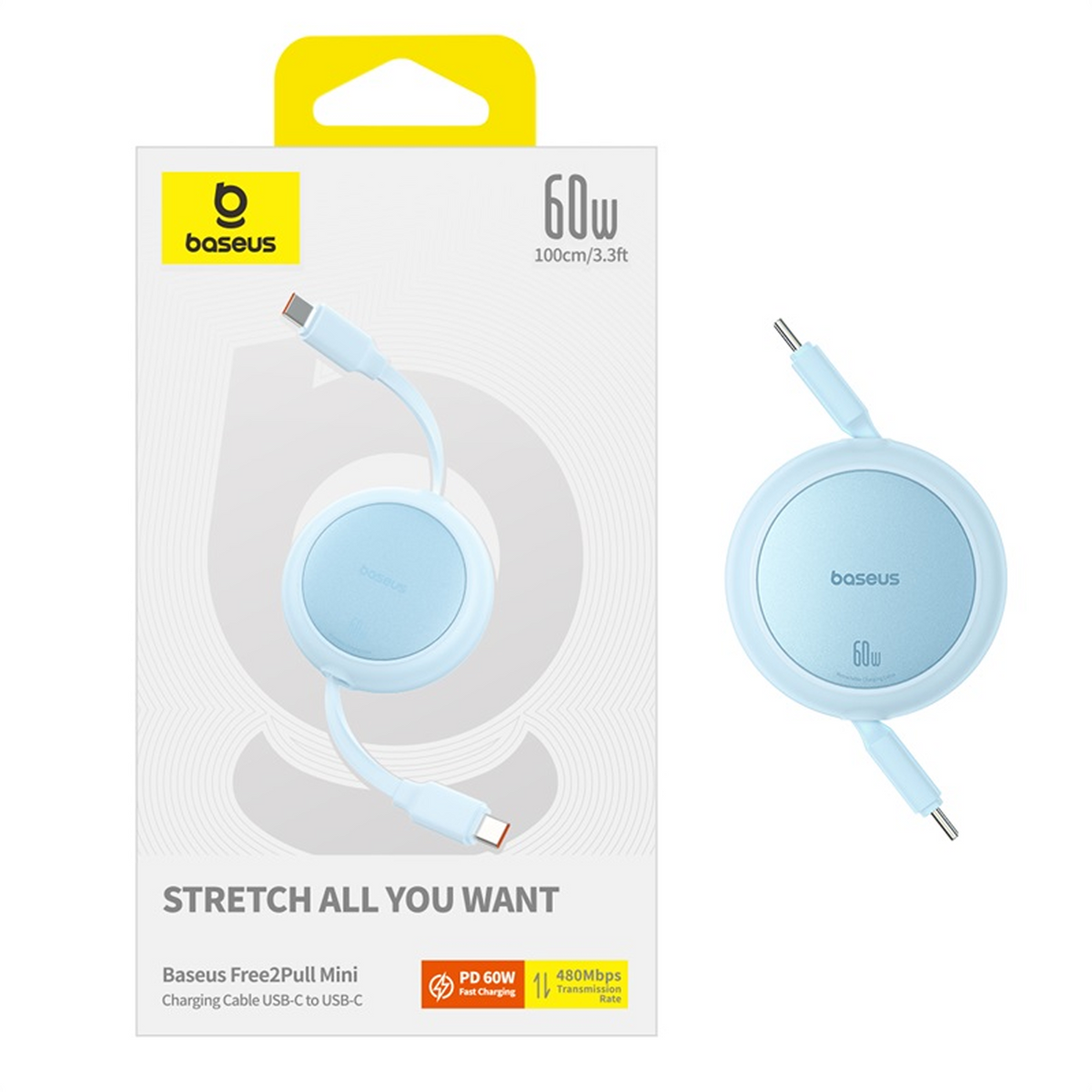 Ein hellblaues Baseus Free2Pull Mini Ladekabel auf einer weißen Schachtel. Die Schachtel hat eine gelbe Oberseite und Text mit 60W, 100cm/3,3ft.