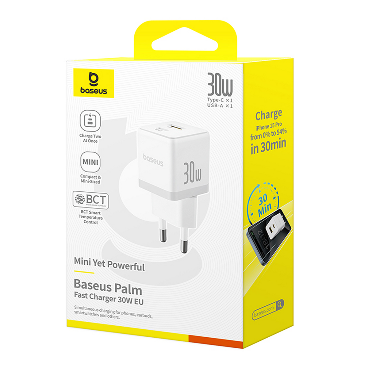 Un caricabatterie rapido Baseus Palm bianco su una scatola gialla, con testo che indica le capacità di ricarica rapida e il logo Baseus.