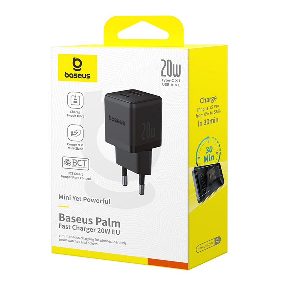 Una scatola Baseus Palm Fast Charger 20W EU. È gialla e nera, con un caricatore nero. C'è scritto 'Charge Two At Once' e 'Mini Yet Powerful'.