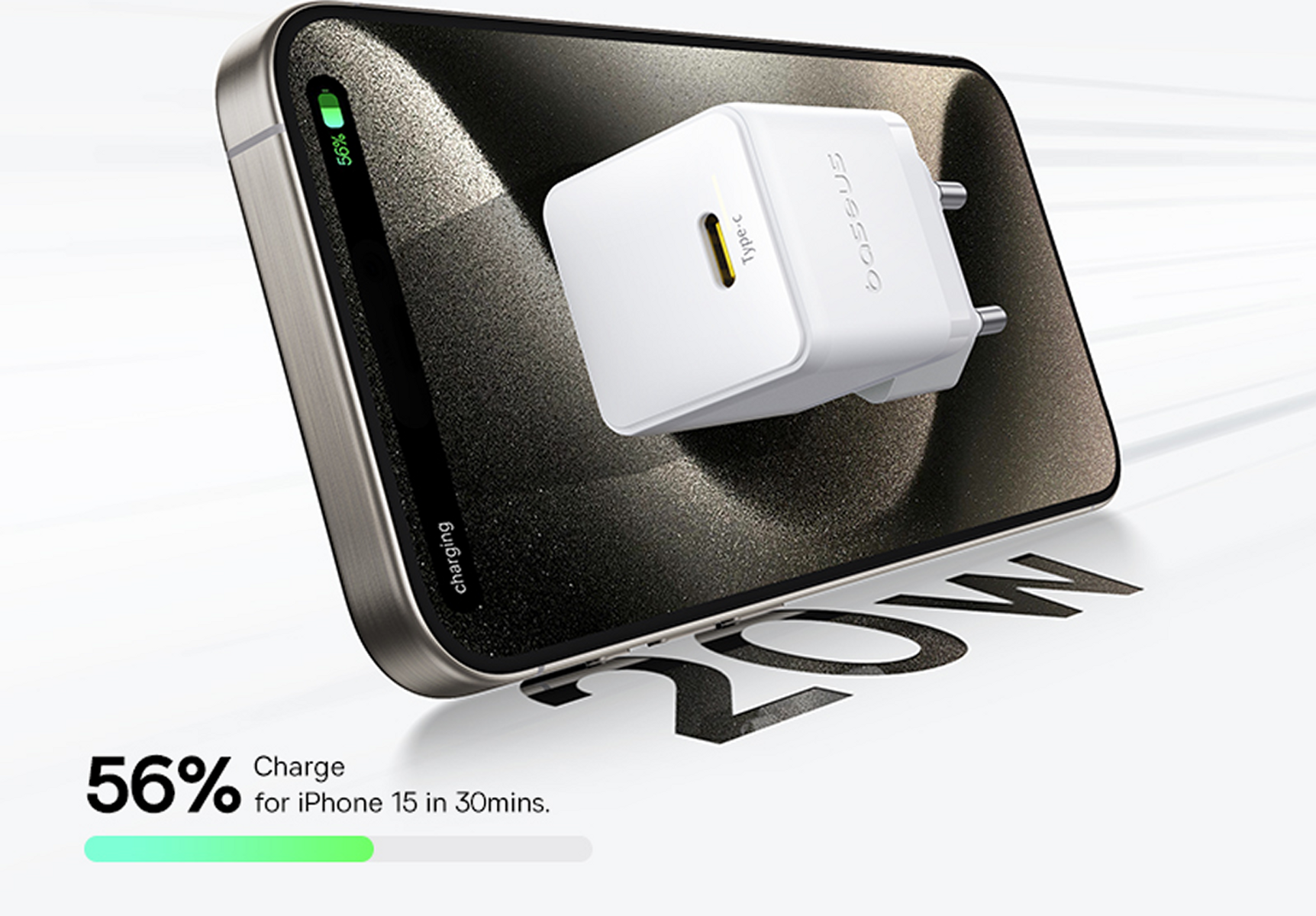 Un telefono si ricarica con un caricatore bianco. Lo schermo mostra il 56% di carica. Il testo indica la ricarica dell'iPhone 15 in 30 minuti.