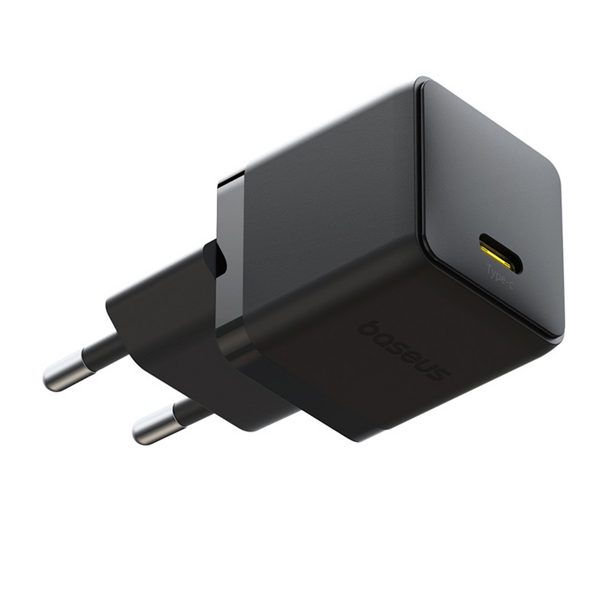 Caricatore Baseus Type-C nero. Dispone di due pin argentati e una porta Type-C.