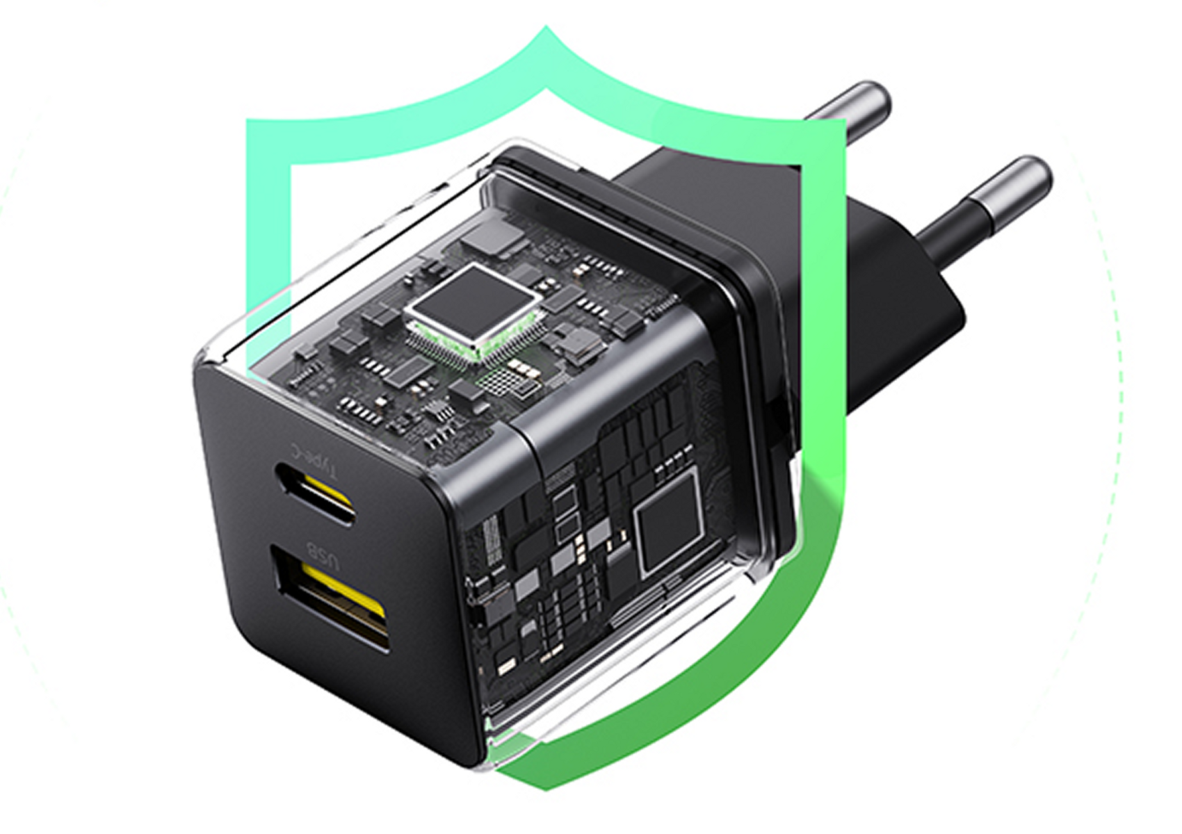 Un chargeur USB noir et transparent avec deux ports, mis en évidence par une forme de bouclier vert. Il présente des circuits internes.