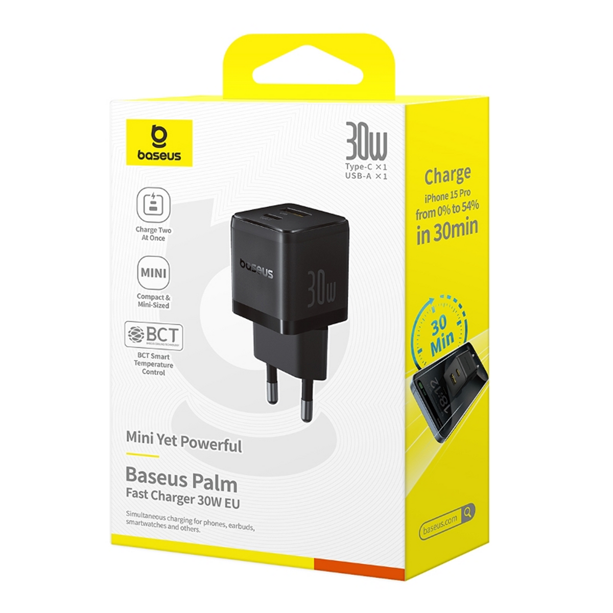 Une boîte de chargeur Baseus Palm 30W. Elle est jaune et blanche. La boîte montre un chargeur noir, des détails de charge et le logo de la marque.