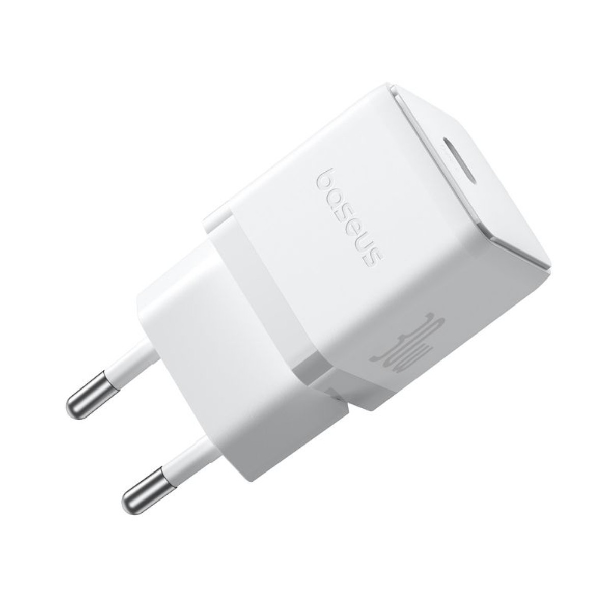 Un chargeur blanc Baseus 30W avec prise EU. Le chargeur est sur fond blanc. Le nom de la marque est visible sur le chargeur.