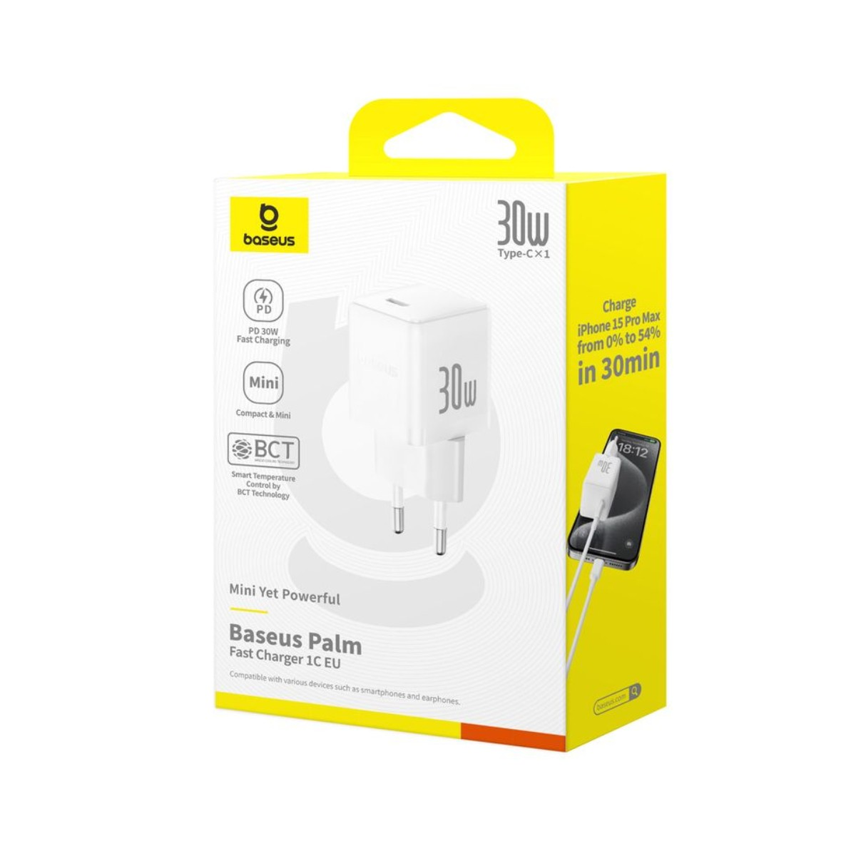Un caricabatterie rapido Baseus Palm bianco su una scatola gialla, con la scritta '30W' e l'immagine di un telefono in carica.