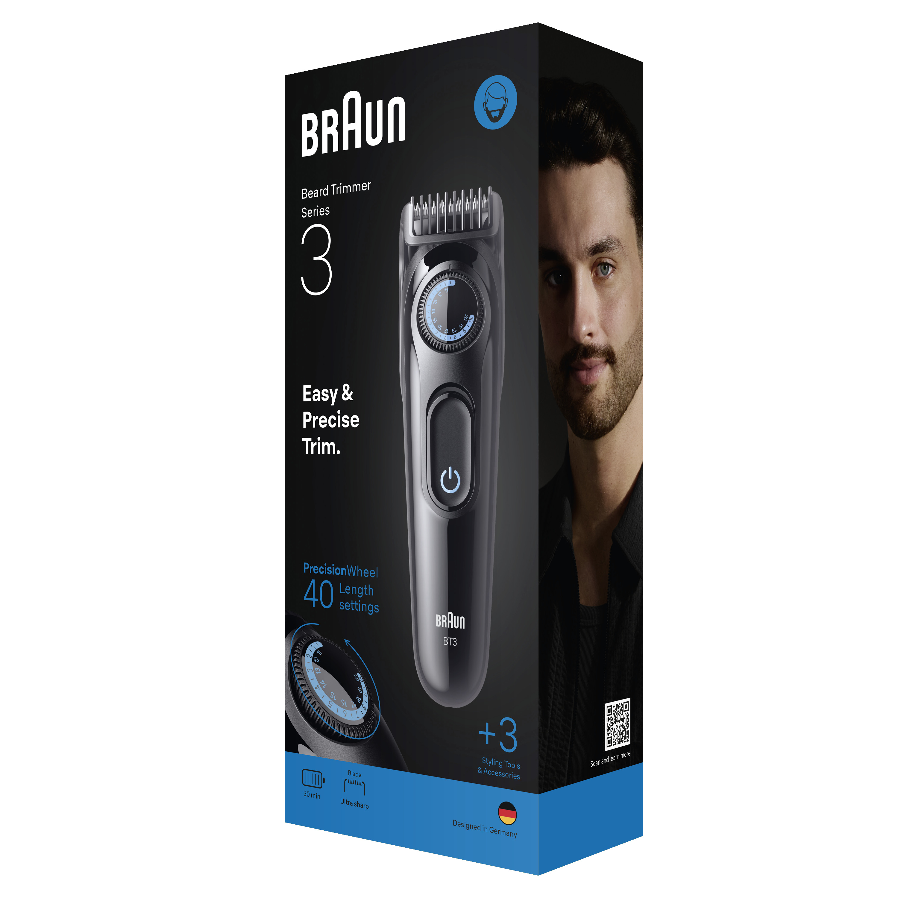 Schachtel mit Braun Barttrimmer. Enthält einen Trimmer, ein Männergesicht und Produktdetails. Schwarz, blau und weiß.
