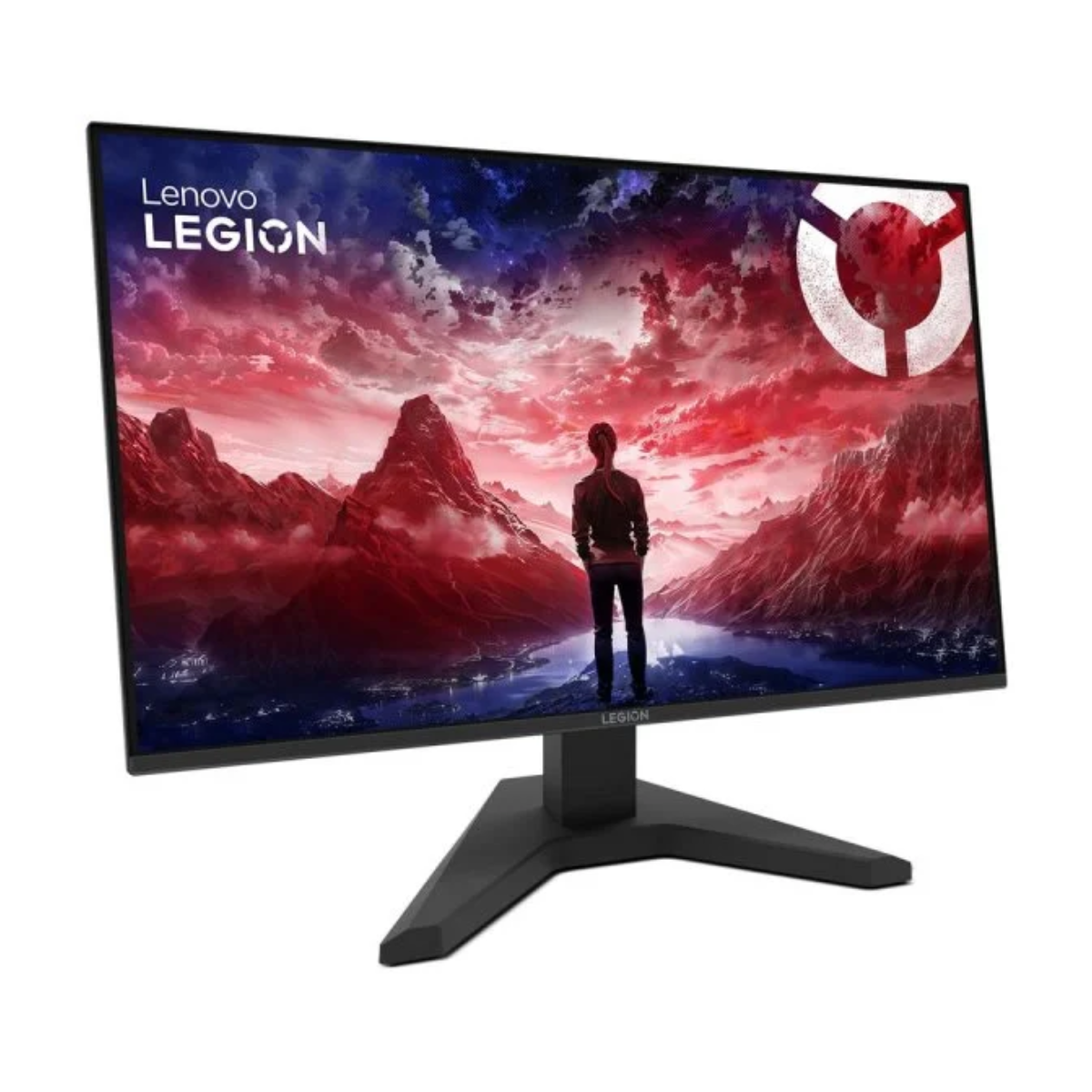 Un monitor Lenovo Legion muestra a una persona contemplando una cordillera roja. El monitor es negro, con un soporte negro.