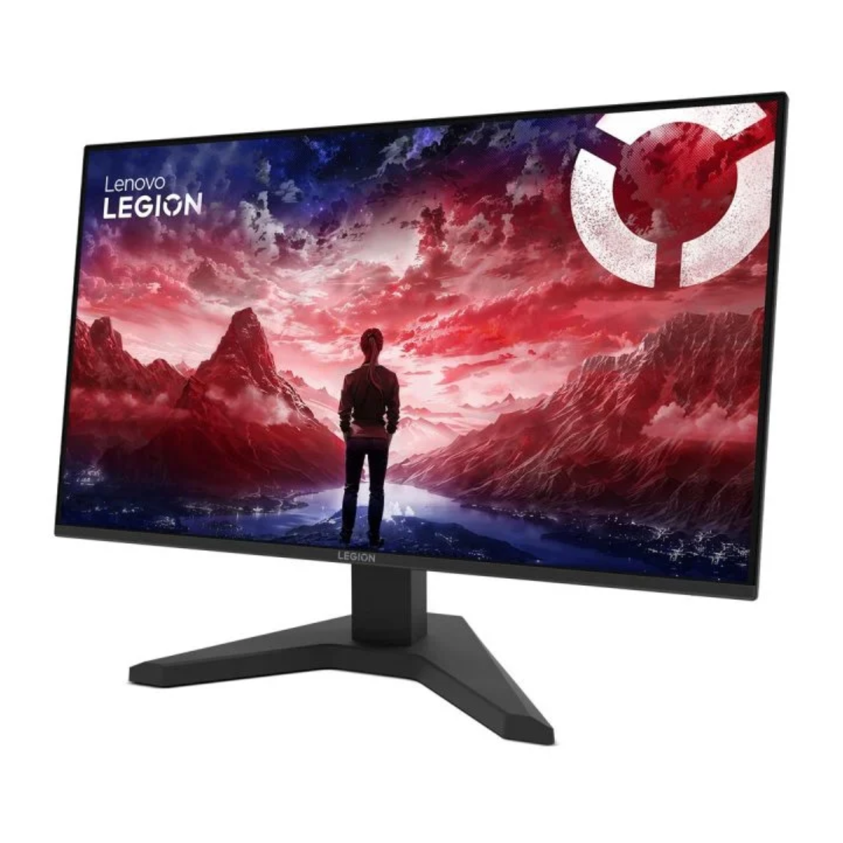 El monitor Lenovo Legion muestra a una persona mirando un paisaje con montañas y un lago. Predominan los tonos rojos y azules.