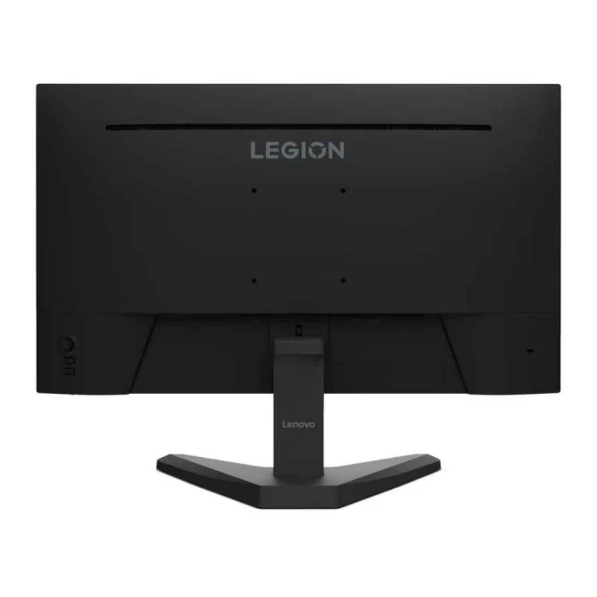 Vista trasera de un monitor Lenovo Legion negro. El soporte y la base son negros. Se ven las marcas 'LEGION' y 'Lenovo'.
