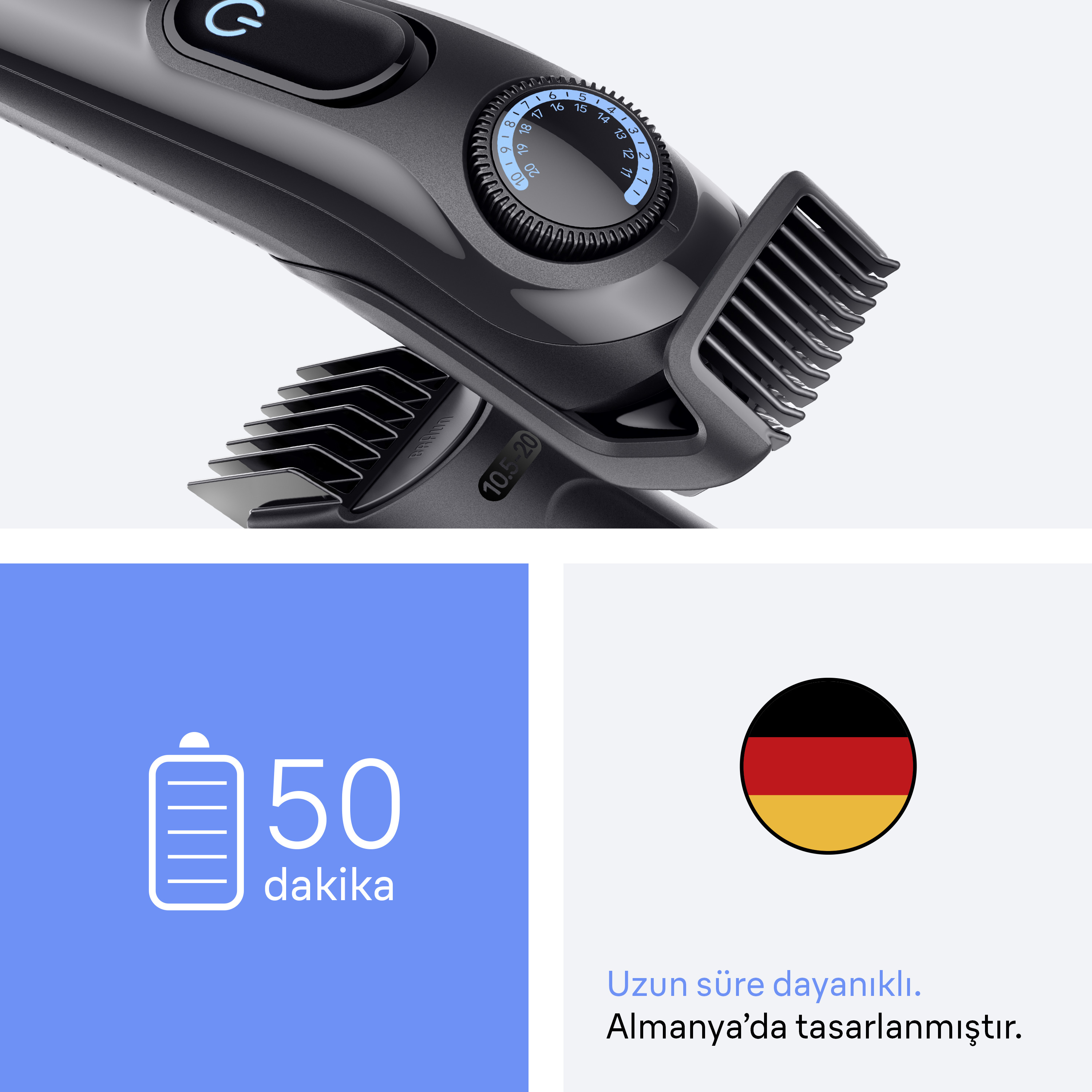 Nahaufnahme eines schwarzen Haarschneiders mit Einstellrad. Merkmale sind eine Power-Taste, Klingen und Einstellungen.
