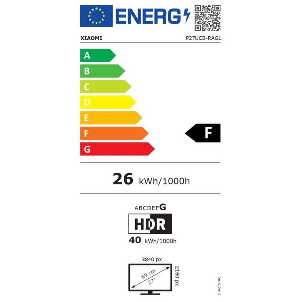 Etykieta energetyczna monitora Xiaomi. Pokazuje klasy efektywności energetycznej, zużycie i rozmiar ekranu w cm i calach.