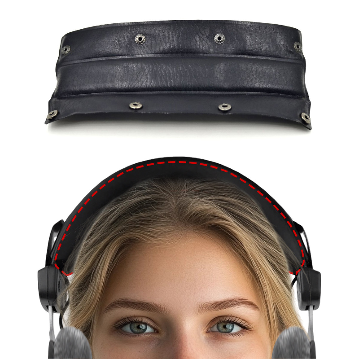 Kobieta w słuchawkach. Powyżej czarna skórzana opaska z nitami. Słuchawki są czarne ze srebrną opaską.